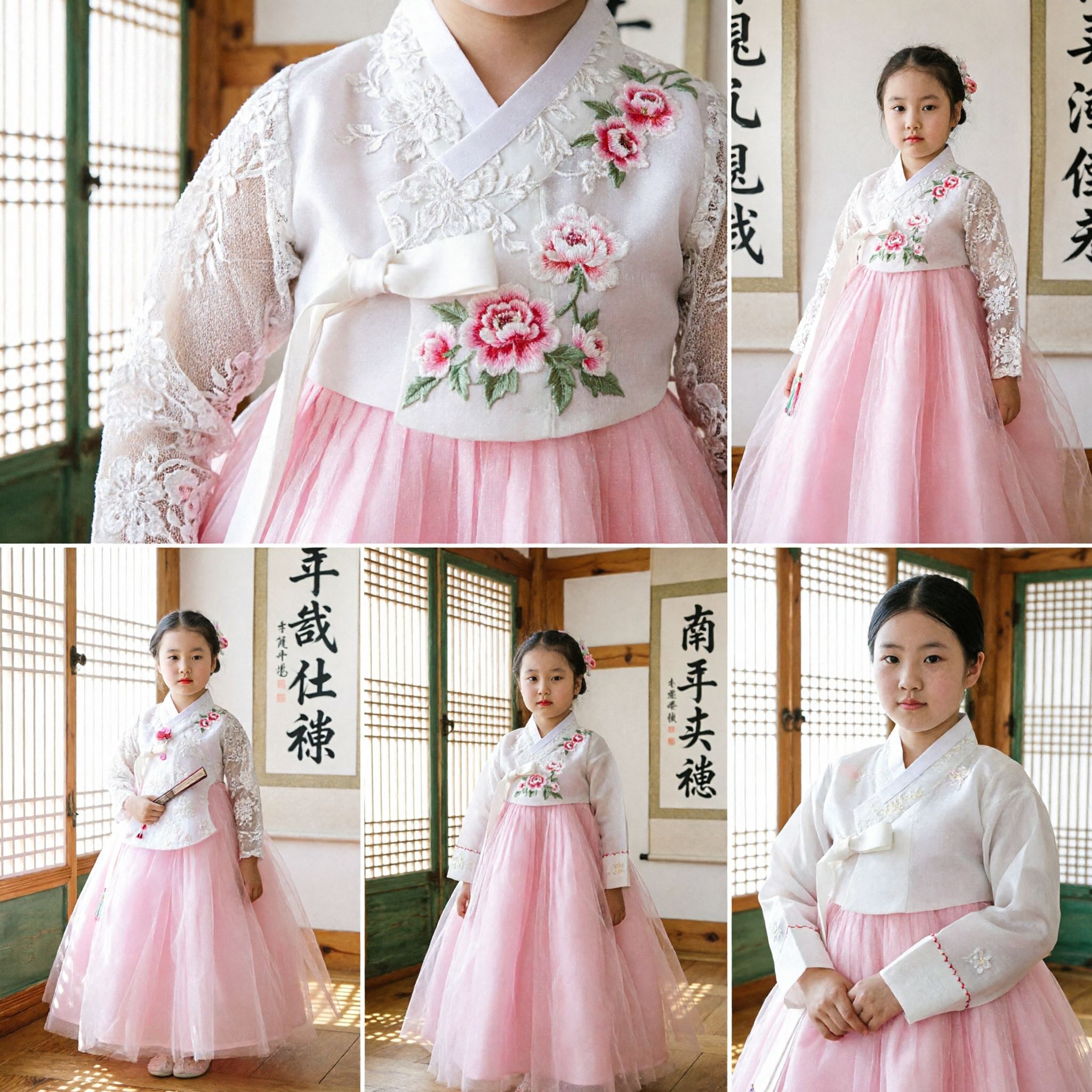 Kinder Koreanische Traditionelle Hanbok-Kleid Weiße Spitze Top Rosa Tüllrock für Mädchen Hochzeitsfeier Kostüm - Asian Costume
