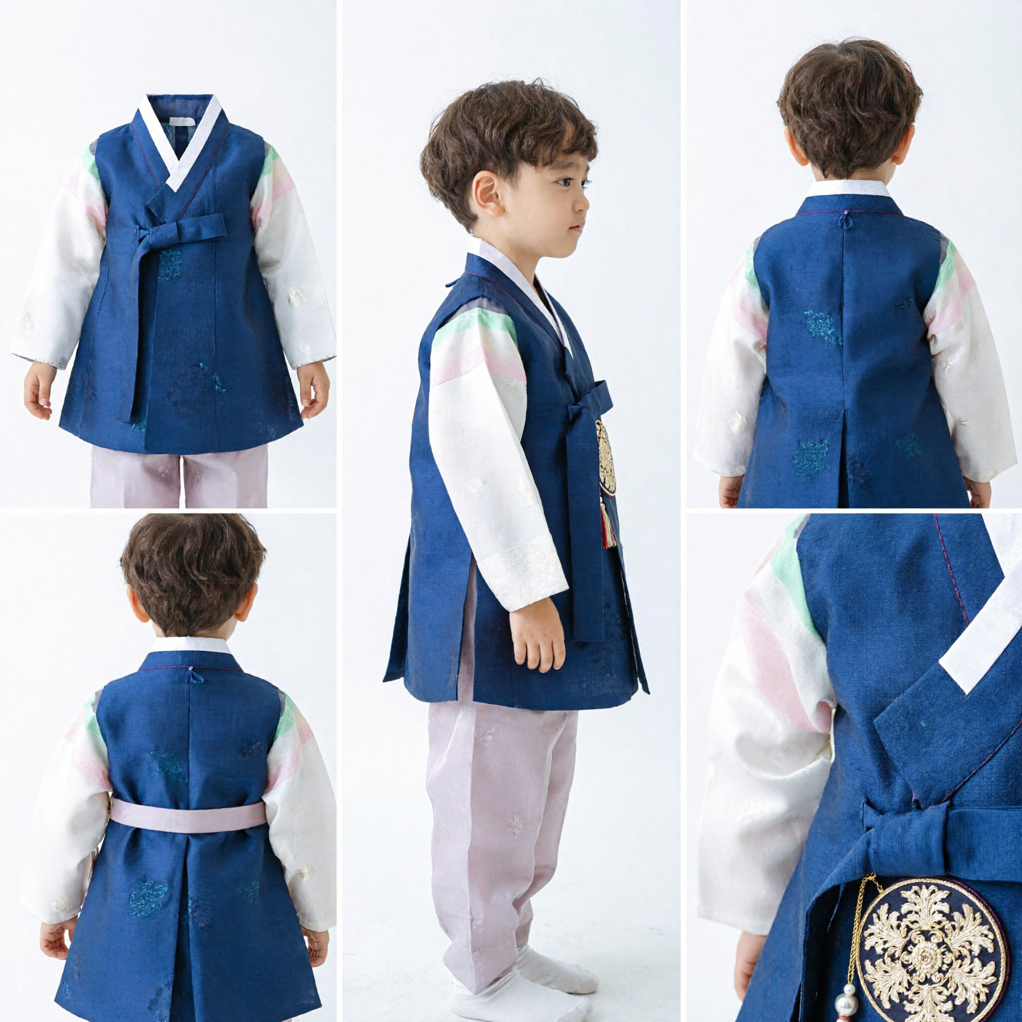 Traditionele Koreaanse Hanbok voor Jongens Blauw Vest Roze Broek Kinderen Formeel Kostuum voor Dol (Eerste Verjaardag) - Asian Costume