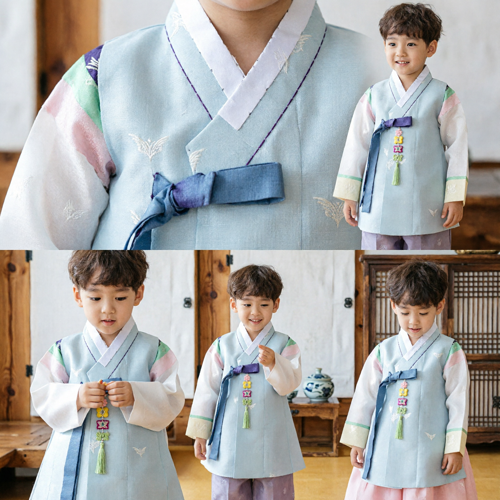 Hanbok traditionnel coréen pour garçons - Ensemble Jeogori bleu clair et Baji rose pour enfants - Pour mariage ou fête - Asian Costume