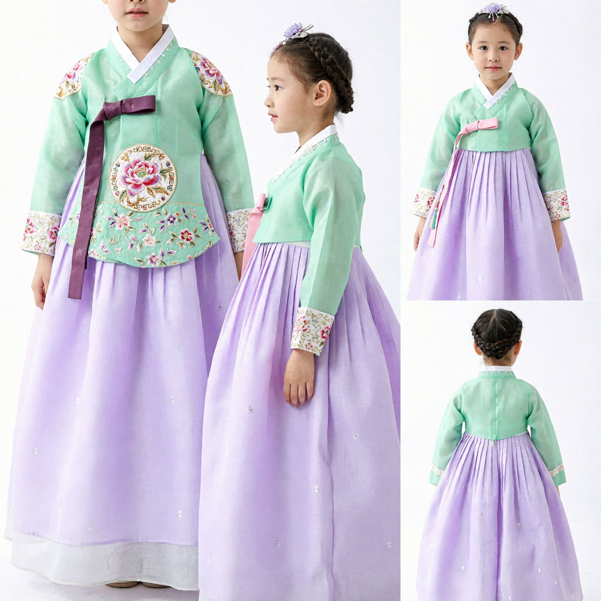 Hanbok Tradicional Coreano para Niñas Vestido Jeogori Verde Menta Chima Morado para Fiesta de Cumpleaños - Asian Costume