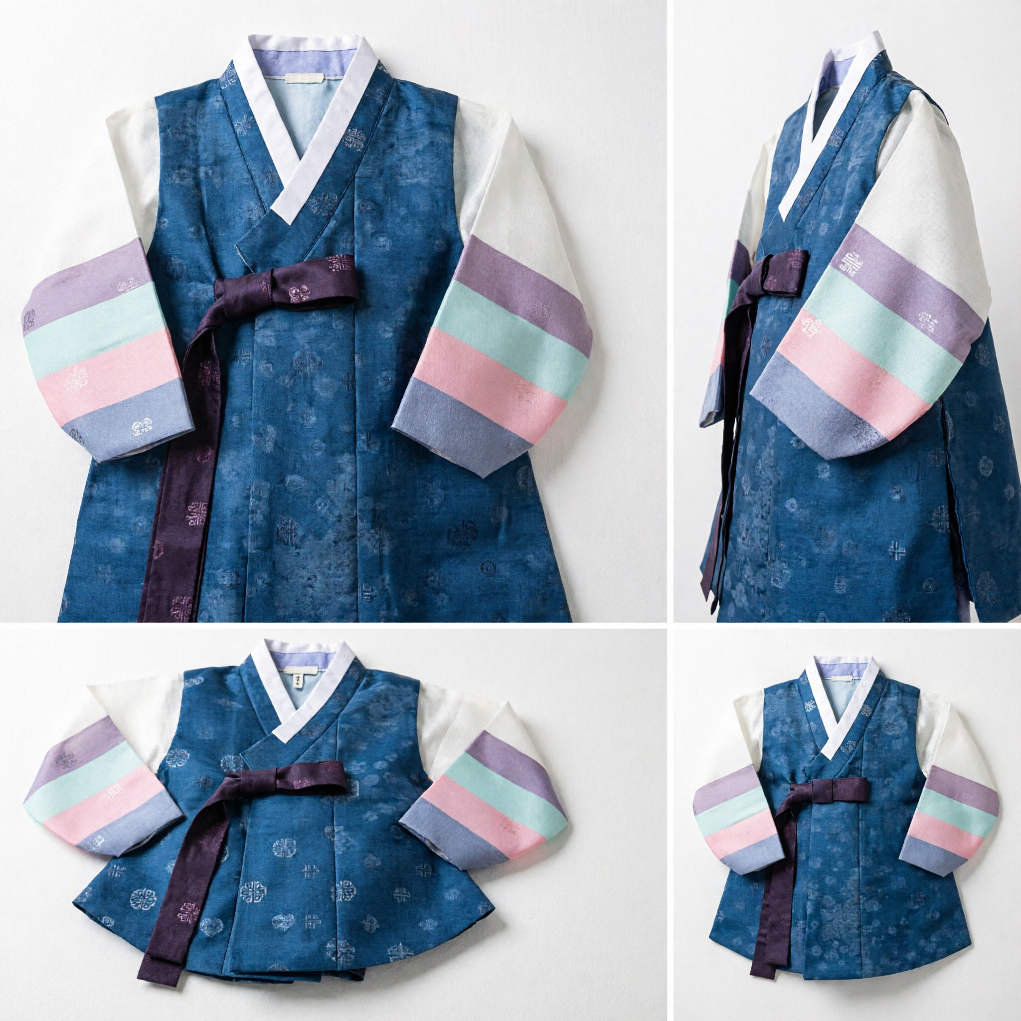 Ensemble de costume Hanbok traditionnel coréen pour enfants - Gilet bleu avec manches à rayures colorées pour premier anniversaire - Asian Costume