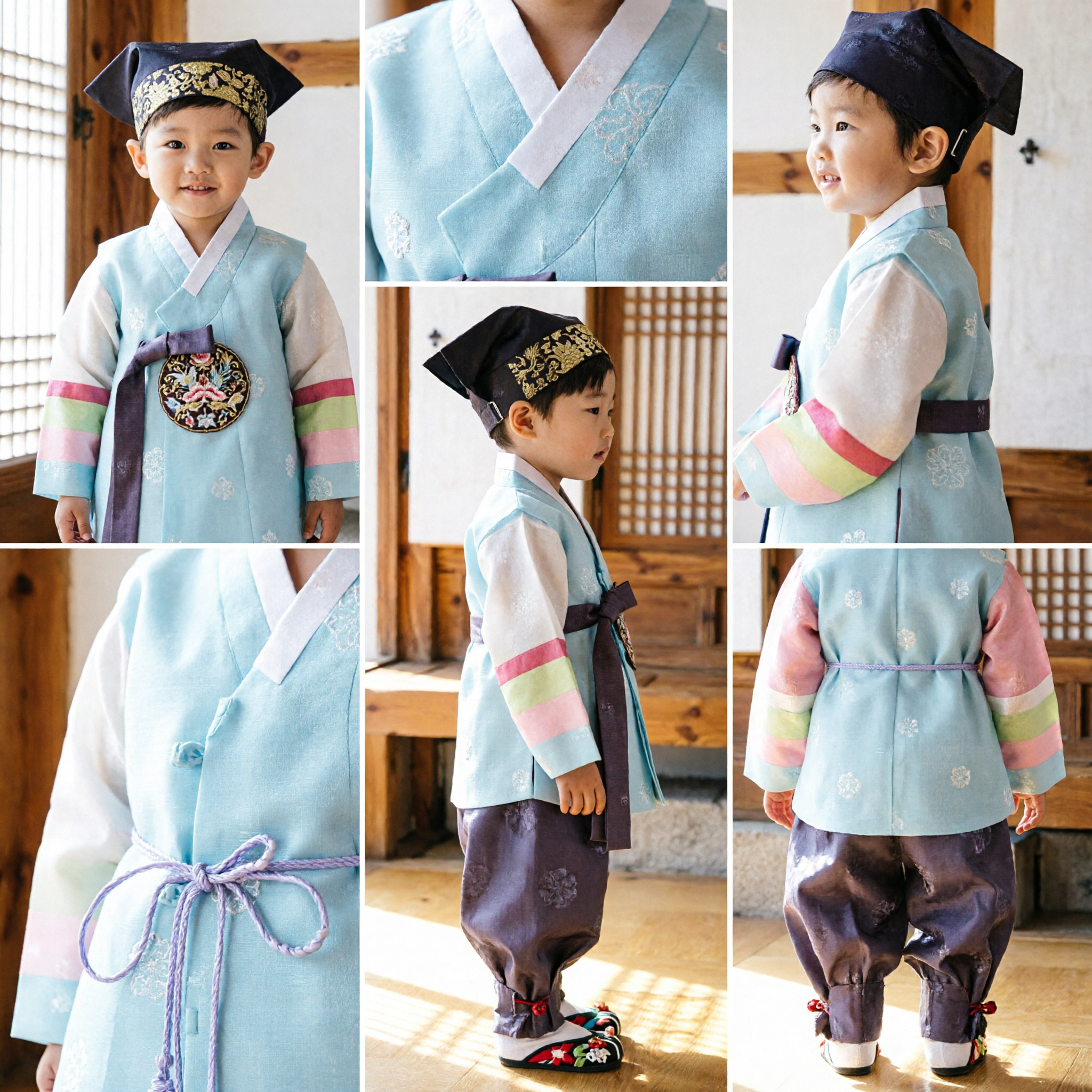 Hanbok traditionnel coréen pour garçons - Ensemble Jeogori bleu clair et chapeau - Costume pour mariage ou fête d'enfants - Asian Costume