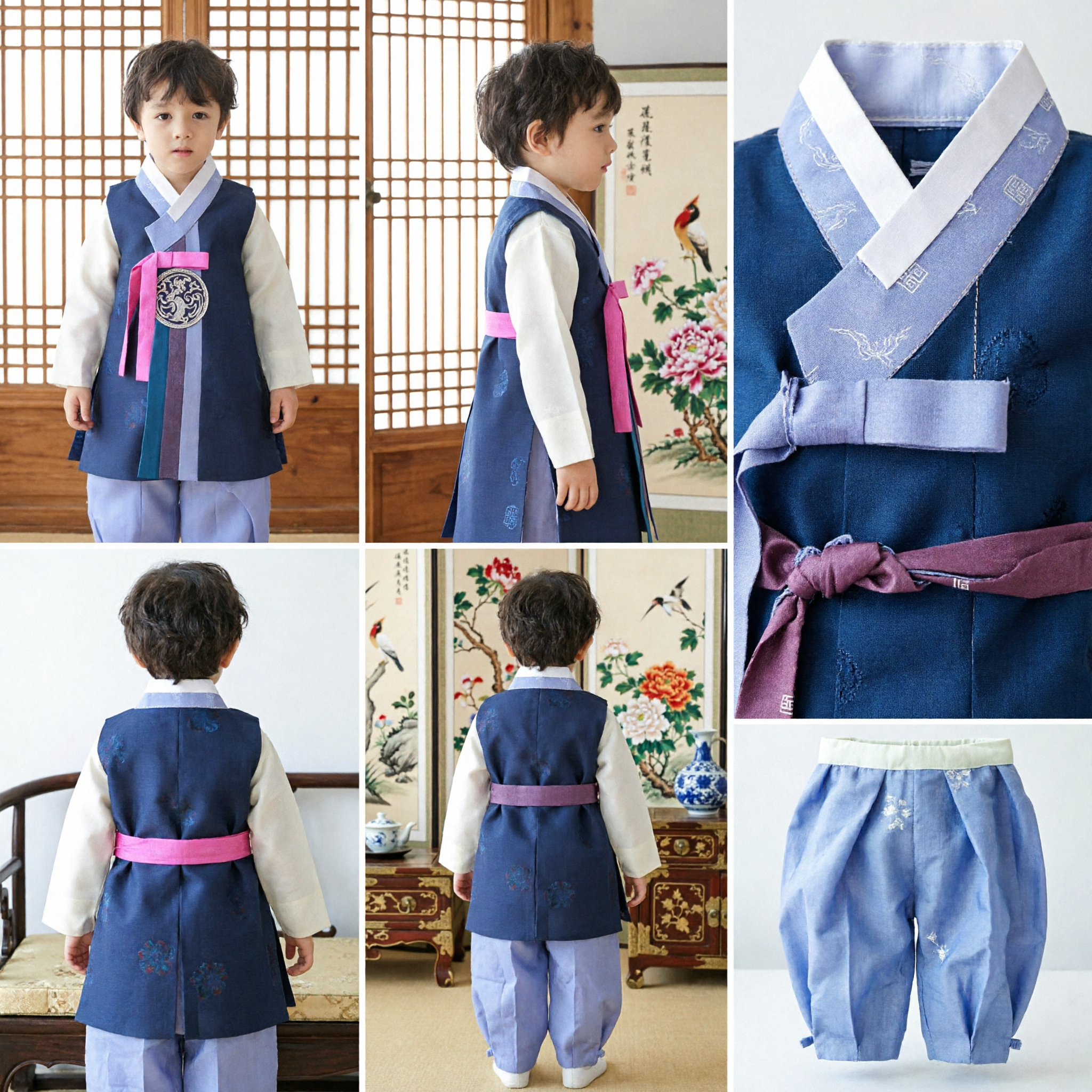 Hanbok Tradizionale Coreano per Bambini Set Gilet e Pantaloni Blu per Doljanchi e Festività Seollal - Asian Costume