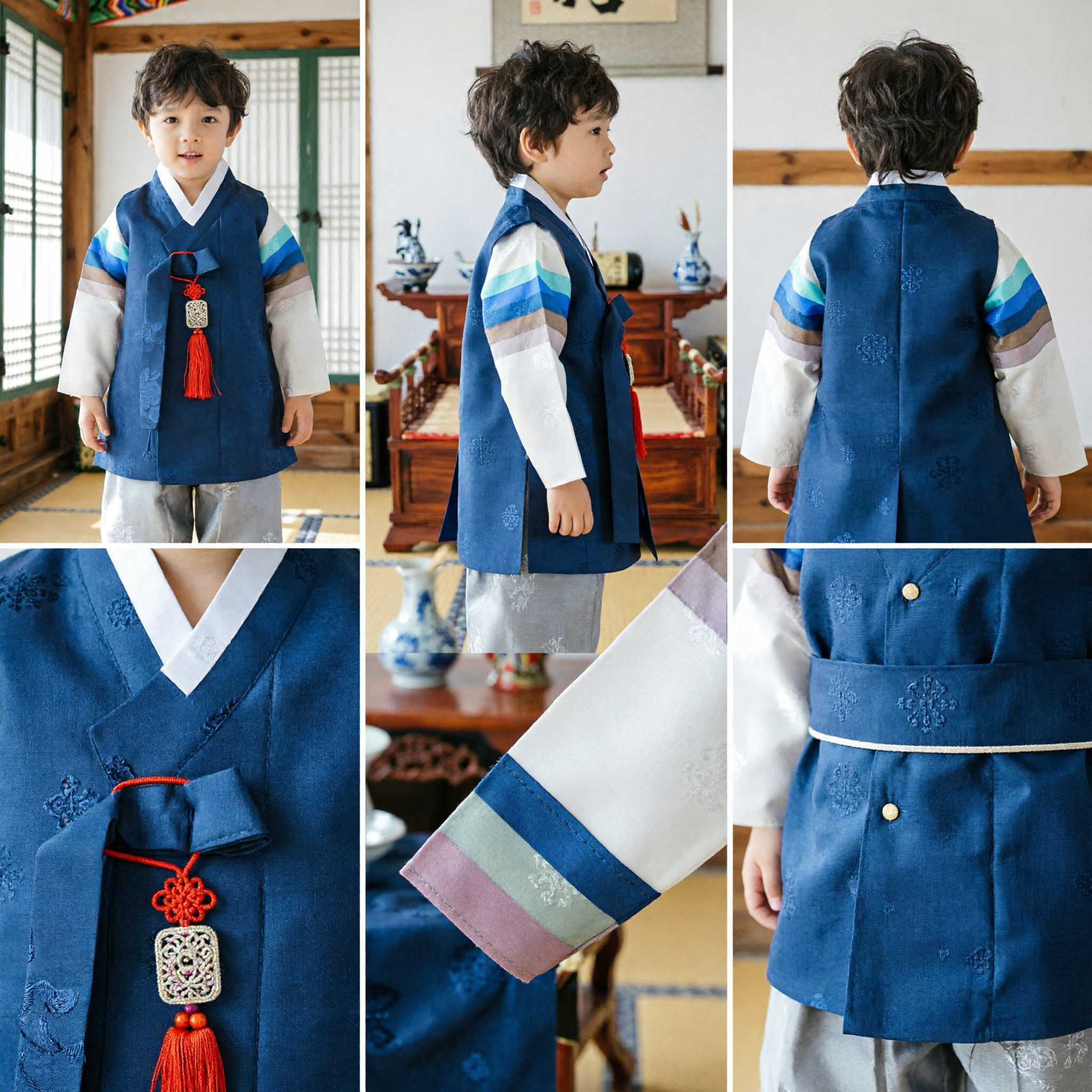 Costume Hanbok traditionnel coréen pour garçon - Ensemble gilet bleu marine - Tenue formelle pour enfants pour anniversaire - Asian Costume