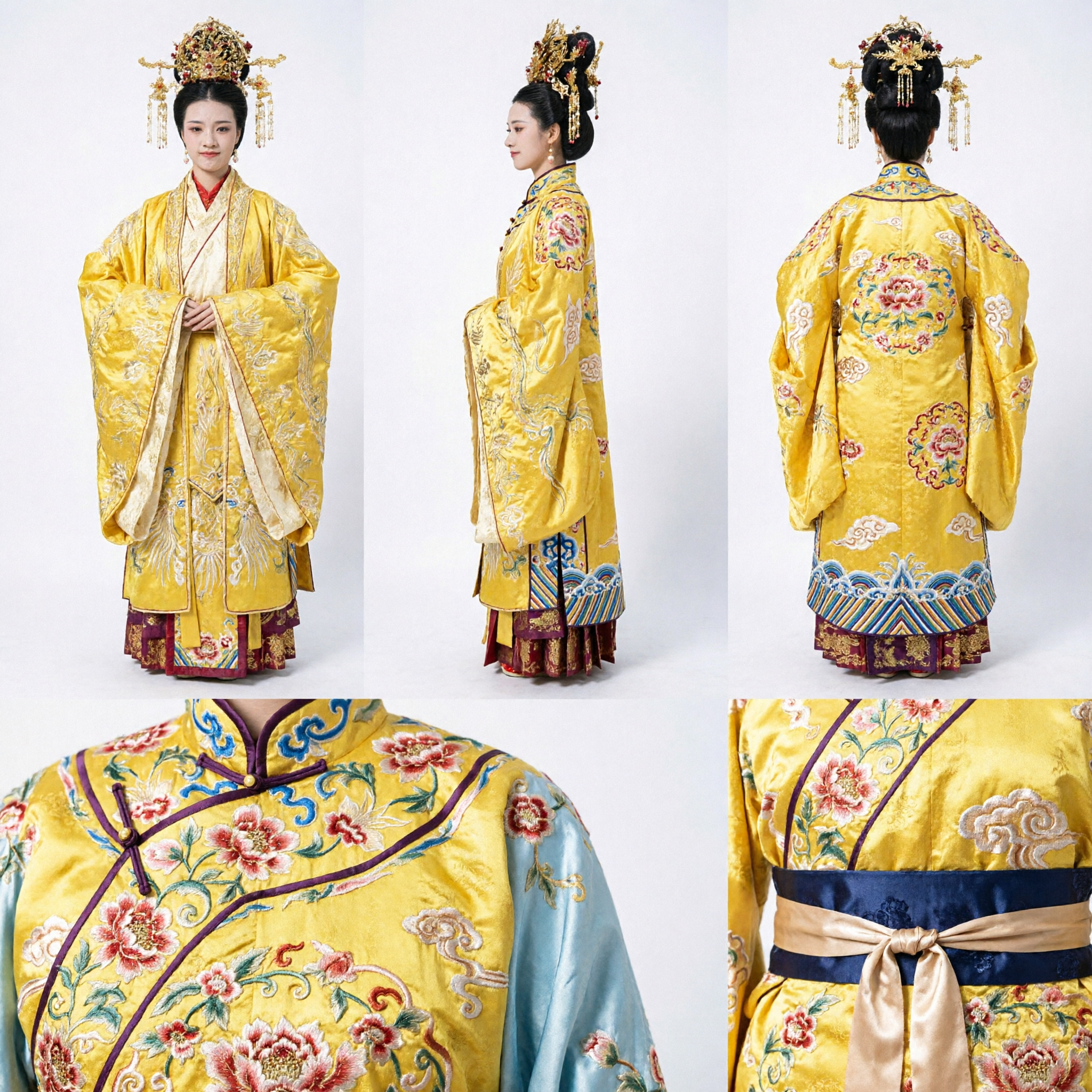 Costume Hanfu chinois ancien jaune - Robe traditionnelle brodée avec coiffe pour cosplay historique féminin - Asian Costume