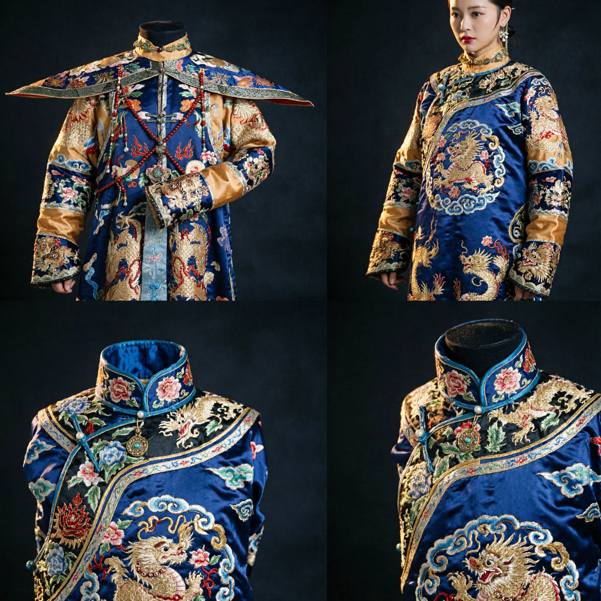 Túnica de Corte de Emperatriz de la Dinastía Qing China Tradicional Traje Chao Fu Dragón Azul con Tocado para Mujeres - Asian Costume