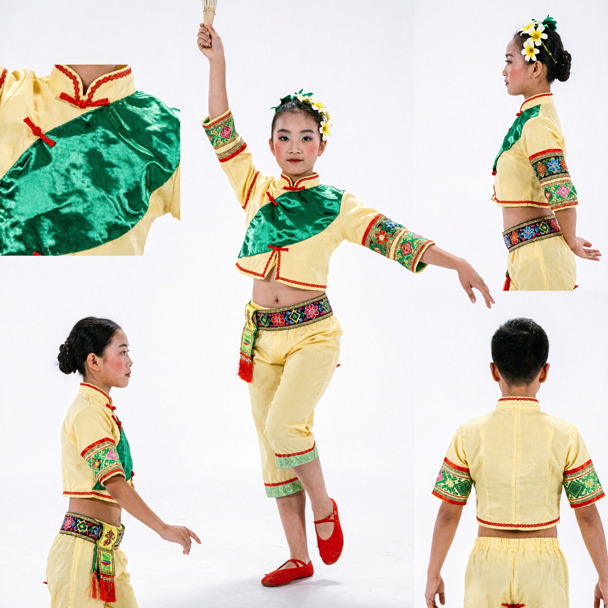 Costume per danza folkloristica cinese per ragazze Top e pantaloni con motivo foglia giallo-verde per esibizioni e competizioni sul palco - Asian Costume