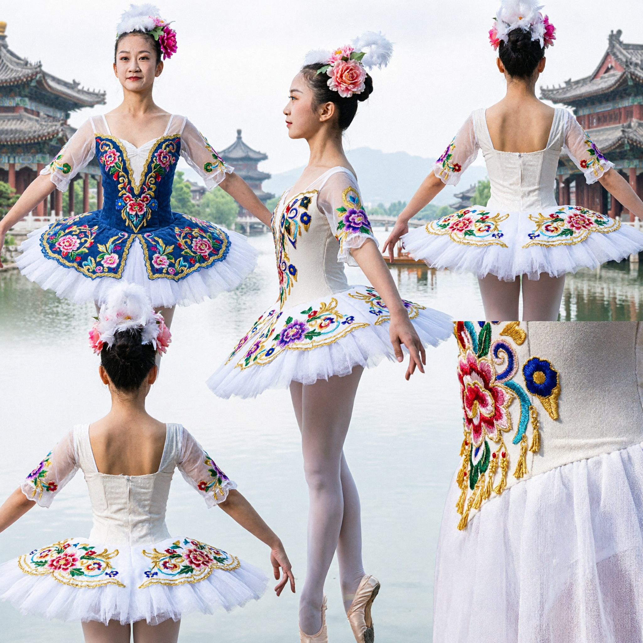 Witte Bloemen Borduurwerk Ballet Tutu Jurk voor Meisjes Kinderen Chinees Volksdans Podiumoptreden Kostuum - Asian Costume