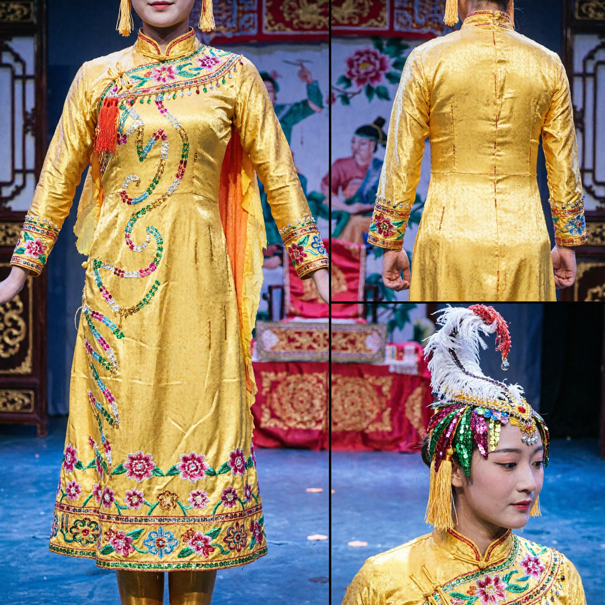 전문 노란색 전통 중국 민속 무용 의상 여성 시퀸 무대 공연 드레스와 머리장식 - Asian Costume