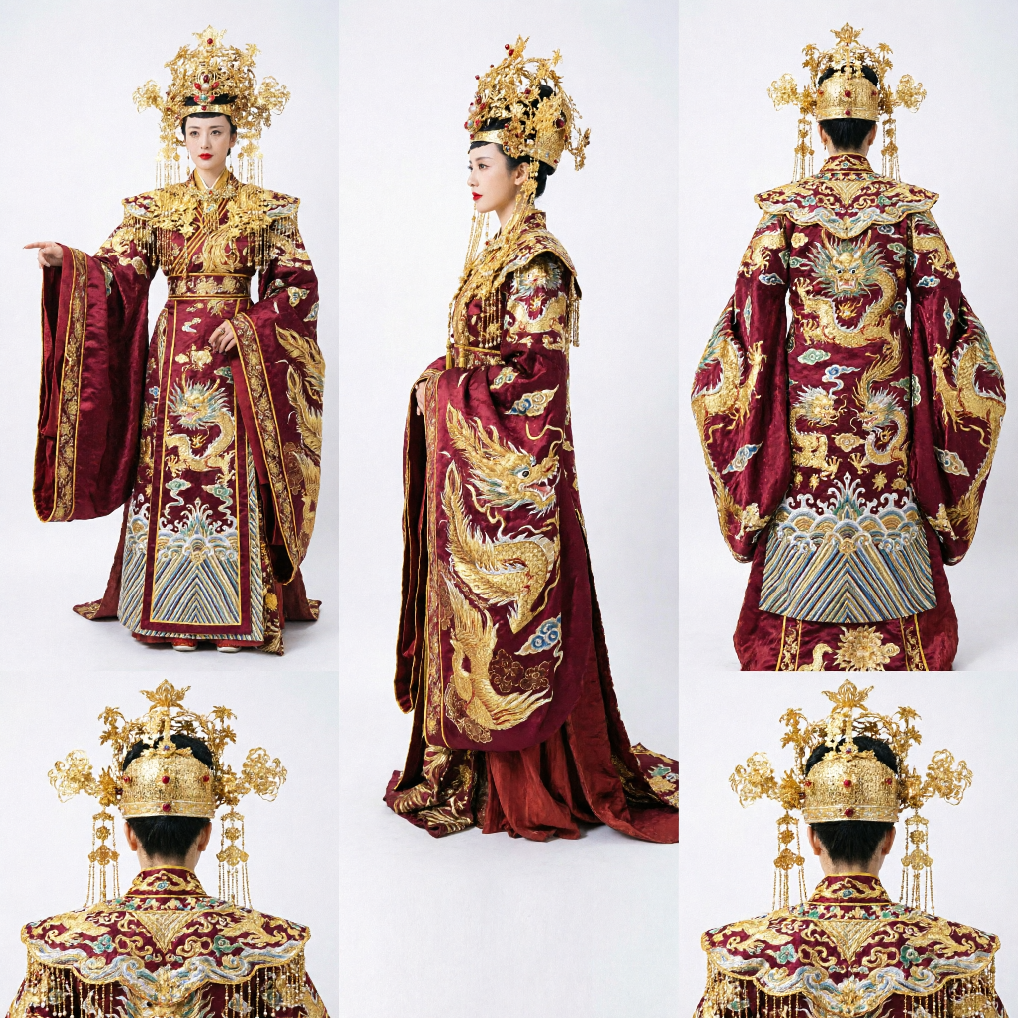 Costume nuziale da imperatrice cinese antica Abito Hanfu tradizionale con ricami rossi e oro con corona fenice per donne - Asian Costume