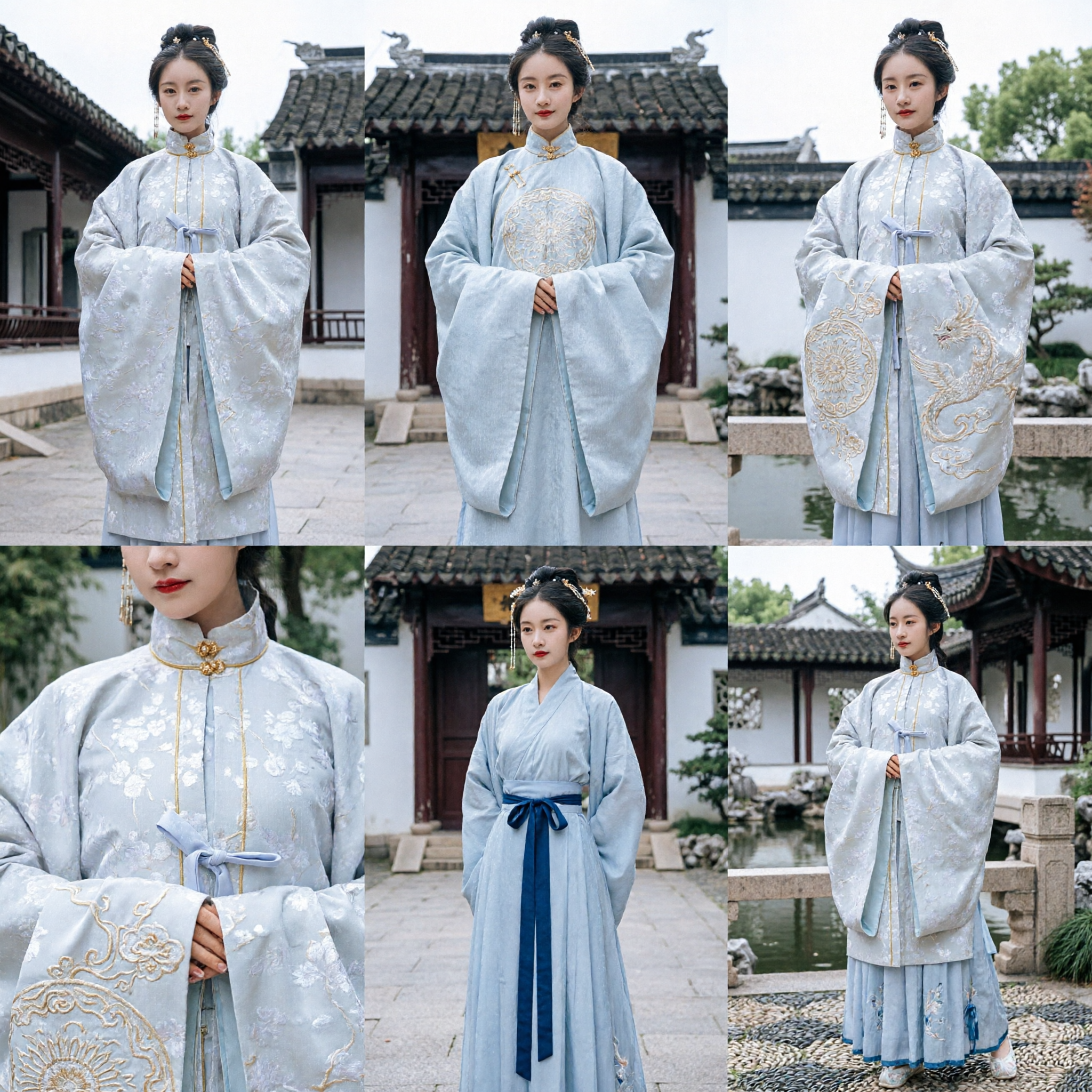 Traditional Chinese Hanfu Clothing Ming Dynasty Style Women's Elegant Light Blue Floral Brocade Jacket and Skirt Set - Asian Costume