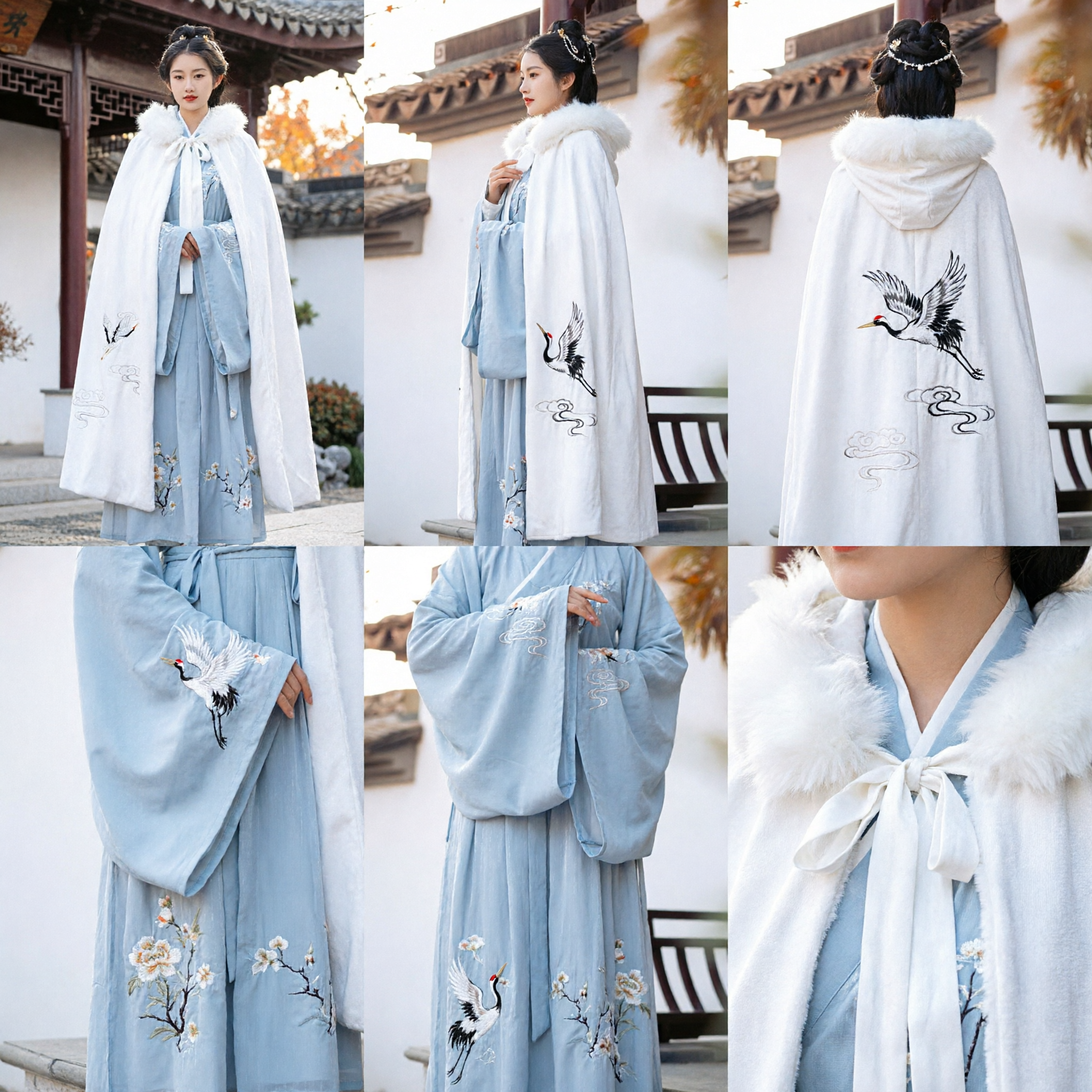Antiker chinesischer Hanfu-Winterumhang mit weißem Pelzkragen bestickter Cape traditionelles Kostüm für Damen - Asian Costume