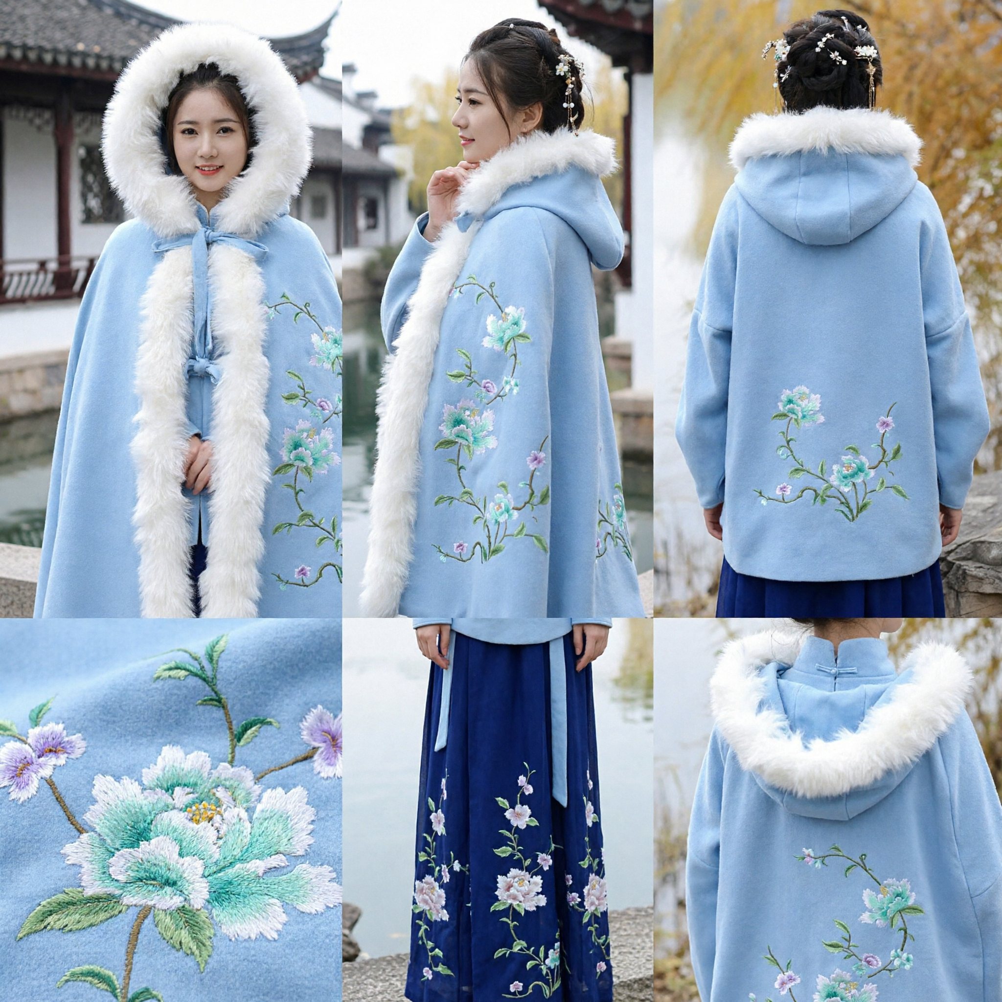 Manteau d'hiver Hanfu chinois traditionnel - Cape en laine bleue avec garniture en fourrure blanche et broderie florale pour femmes - Asian Costume