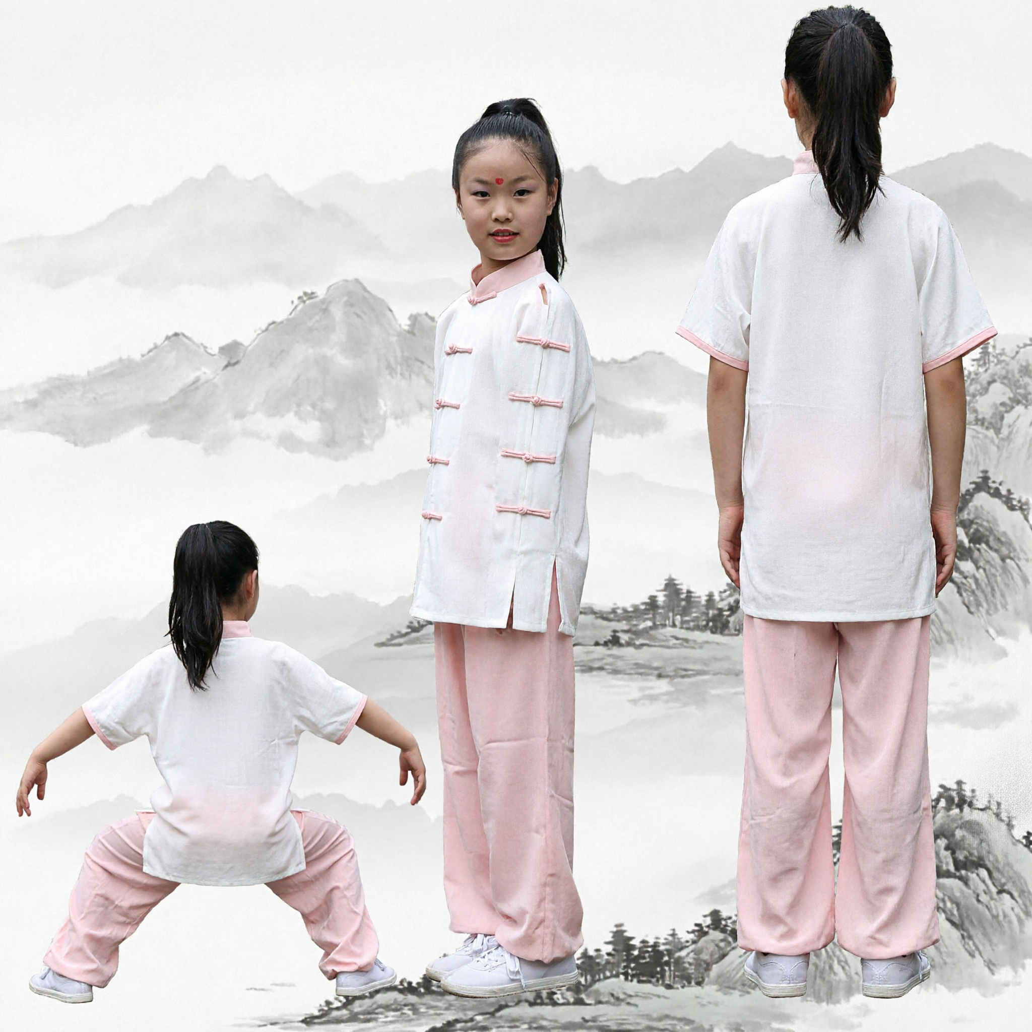 Uniforme Tradizionale Kung Fu Cinese per Bambine, Set Costume Tai Chi e Arti Marziali in Rosa e Bianco - Asian Costume