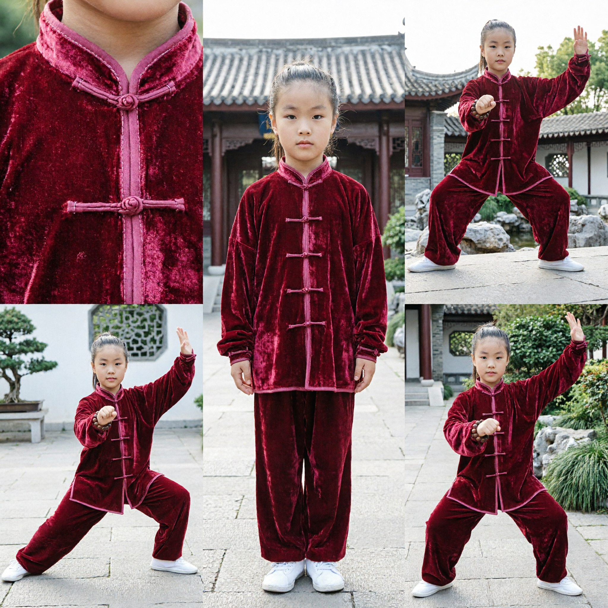 Uniforme de Kung Fu en velours pour enfants - Costume traditionnel chinois de Tai Chi et arts martiaux pour filles (pour spectacles) - Asian Costume