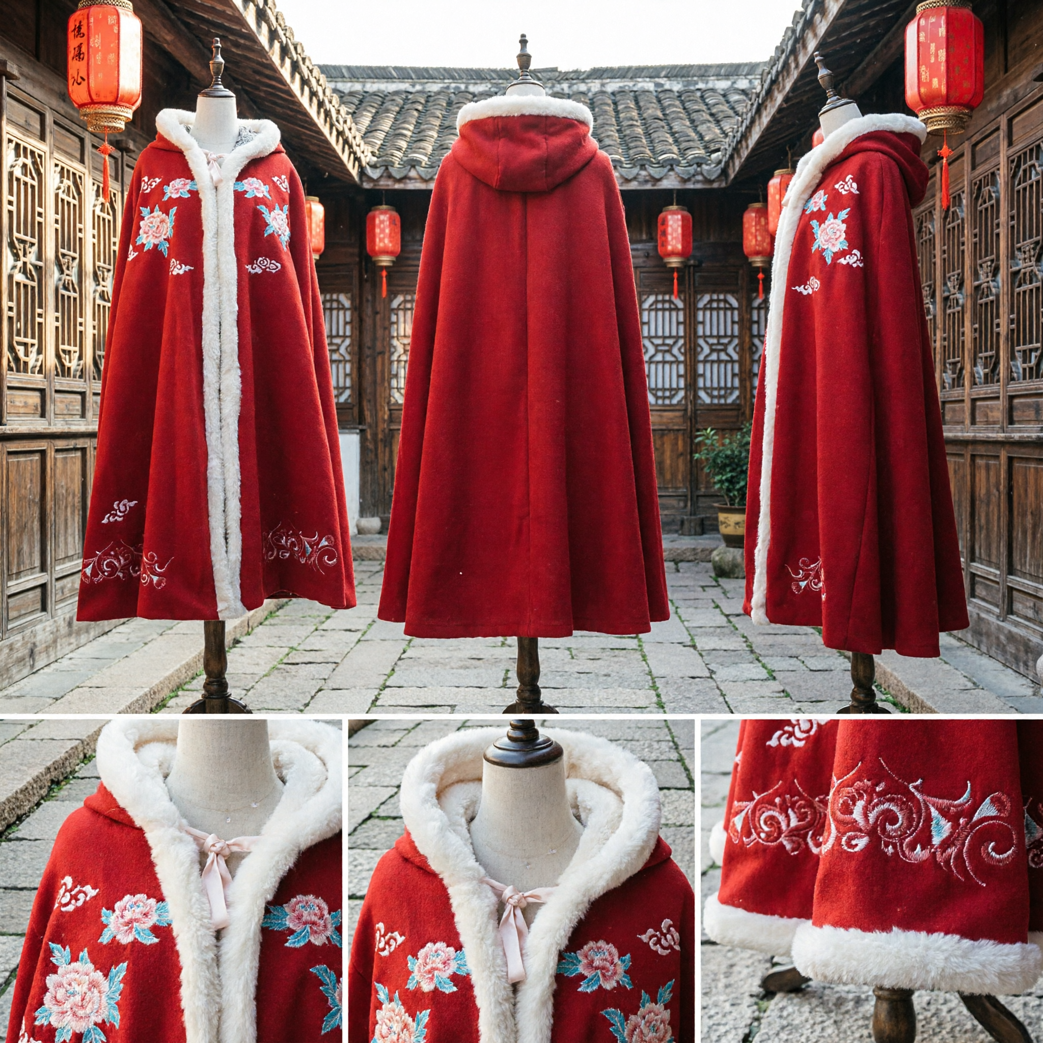 Mantello Tradizionale Cinese in Lana Rossa con Bordo in Pelliccia Bianca e Ricamo Floreale, Indumento Esterno Invernale Hanfu per Donne - Asian Costume