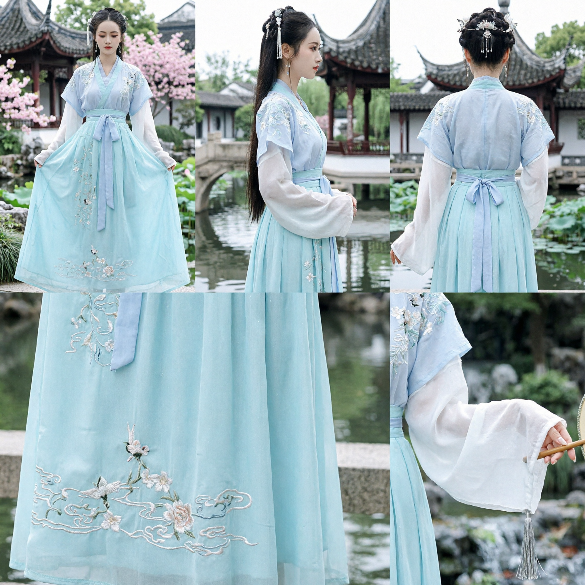 Elegante Abito Hanfu Azzurro Chiaro per Donne, Costume Antico Tradizionale Cinese con Ricami, Outfit da Fata per Performance - Asian Costume