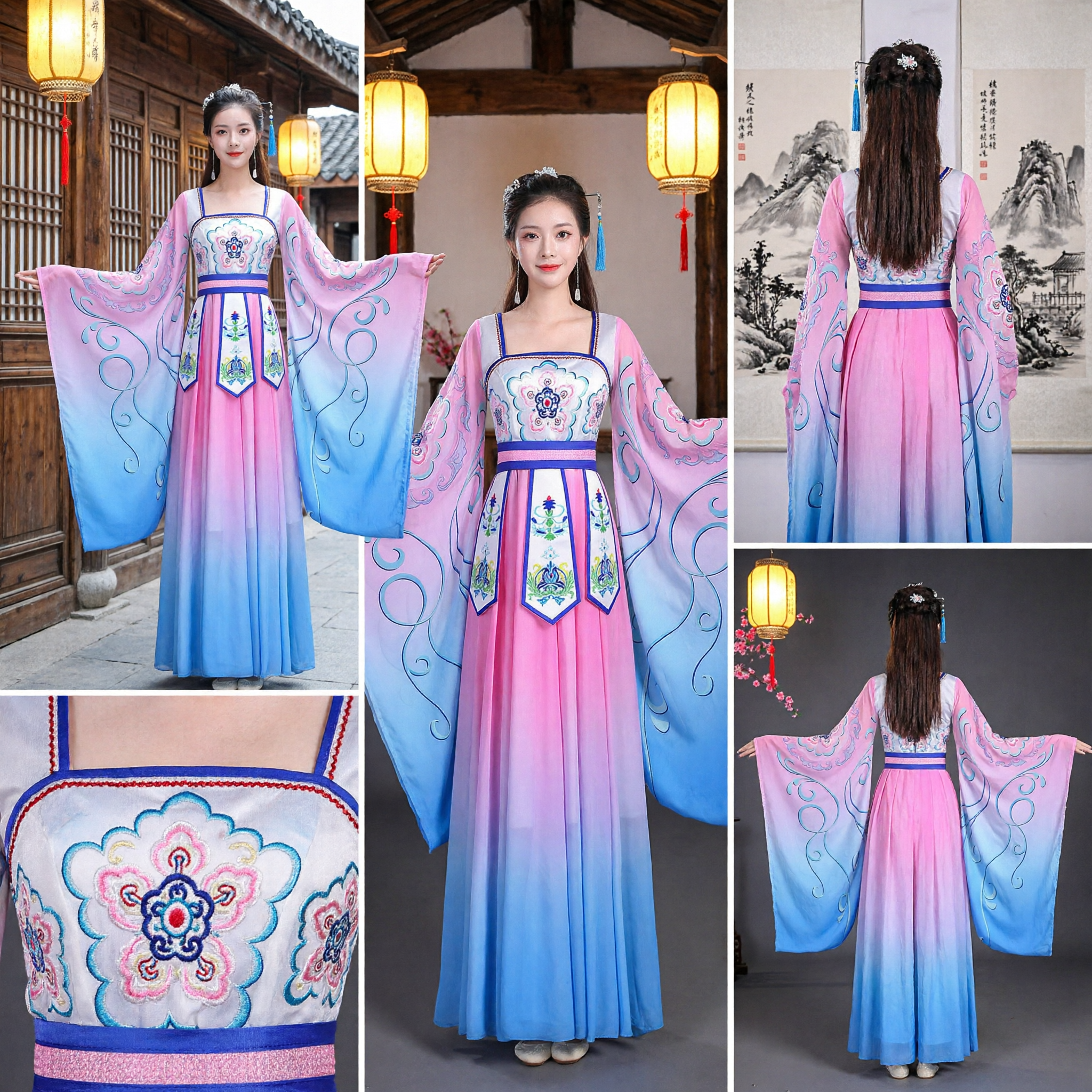 Hanfu chinois ancien élégant, robe de fée dégradé rose et bleu pour danse traditionnelle et spectacle sur scène - Asian Costume