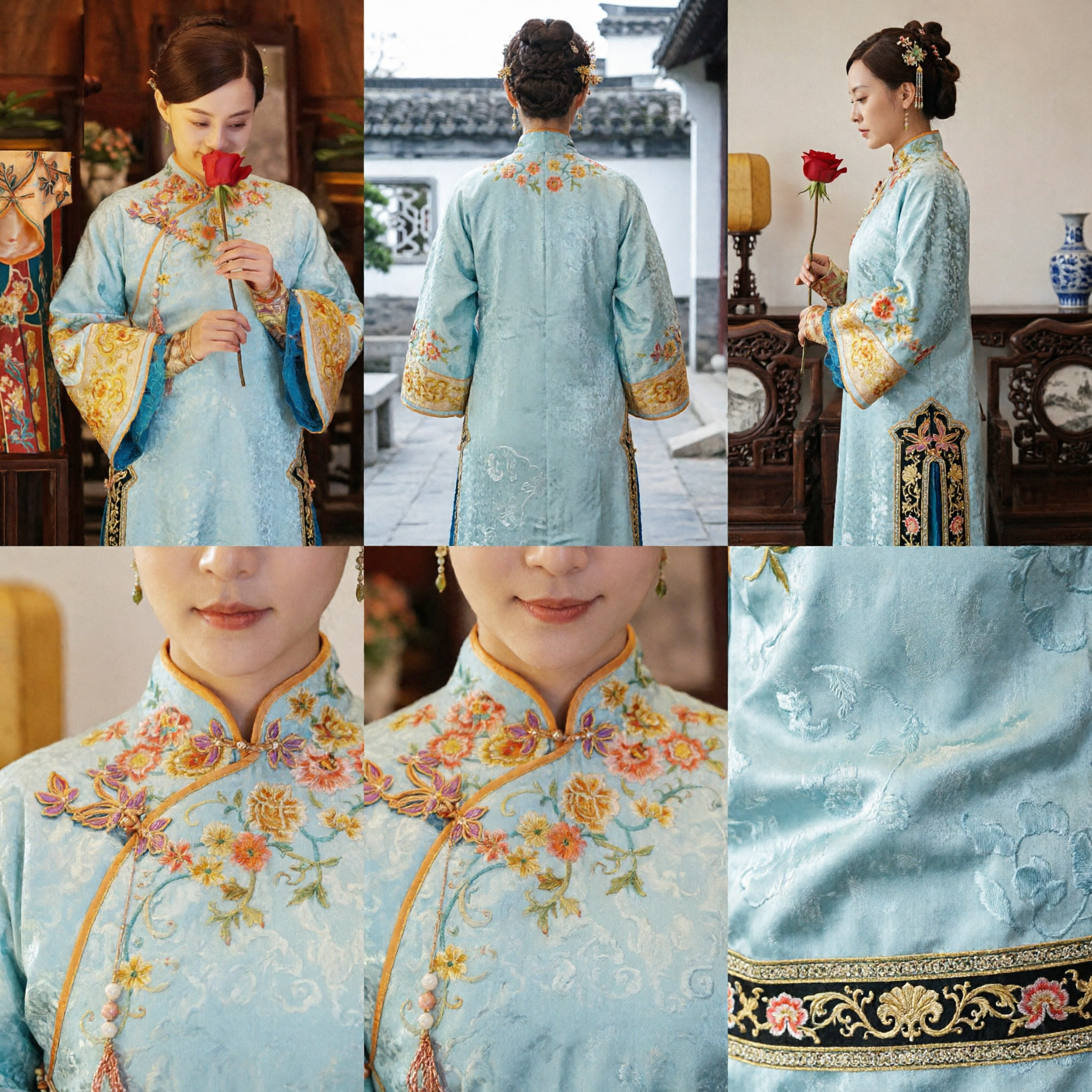 Robe traditionnelle mandchoue de la dynastie Qing chinoise, bleu clair brodé, costume de noble femme ancienne pour cosplay de série télévisée pour femmes - Asian Costume