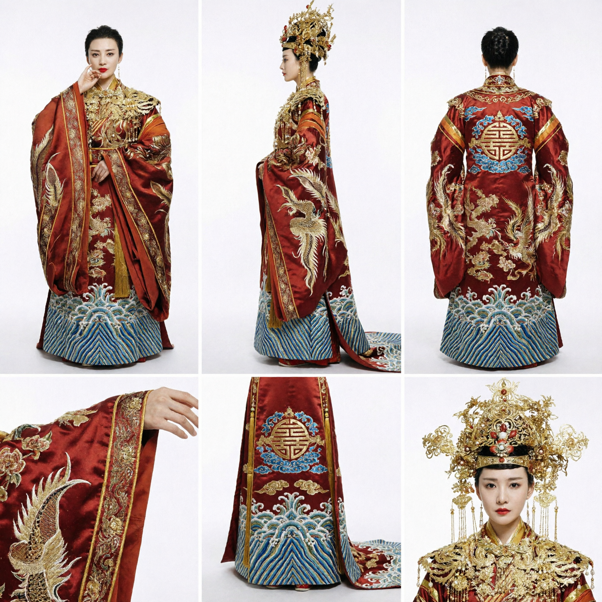 Costume Nuziale Tradizionale da Imperatrice Cinese Antica Abito Hanfu Rosso Ricamato Oro con Corona Fenice per Donne - Asian Costume
