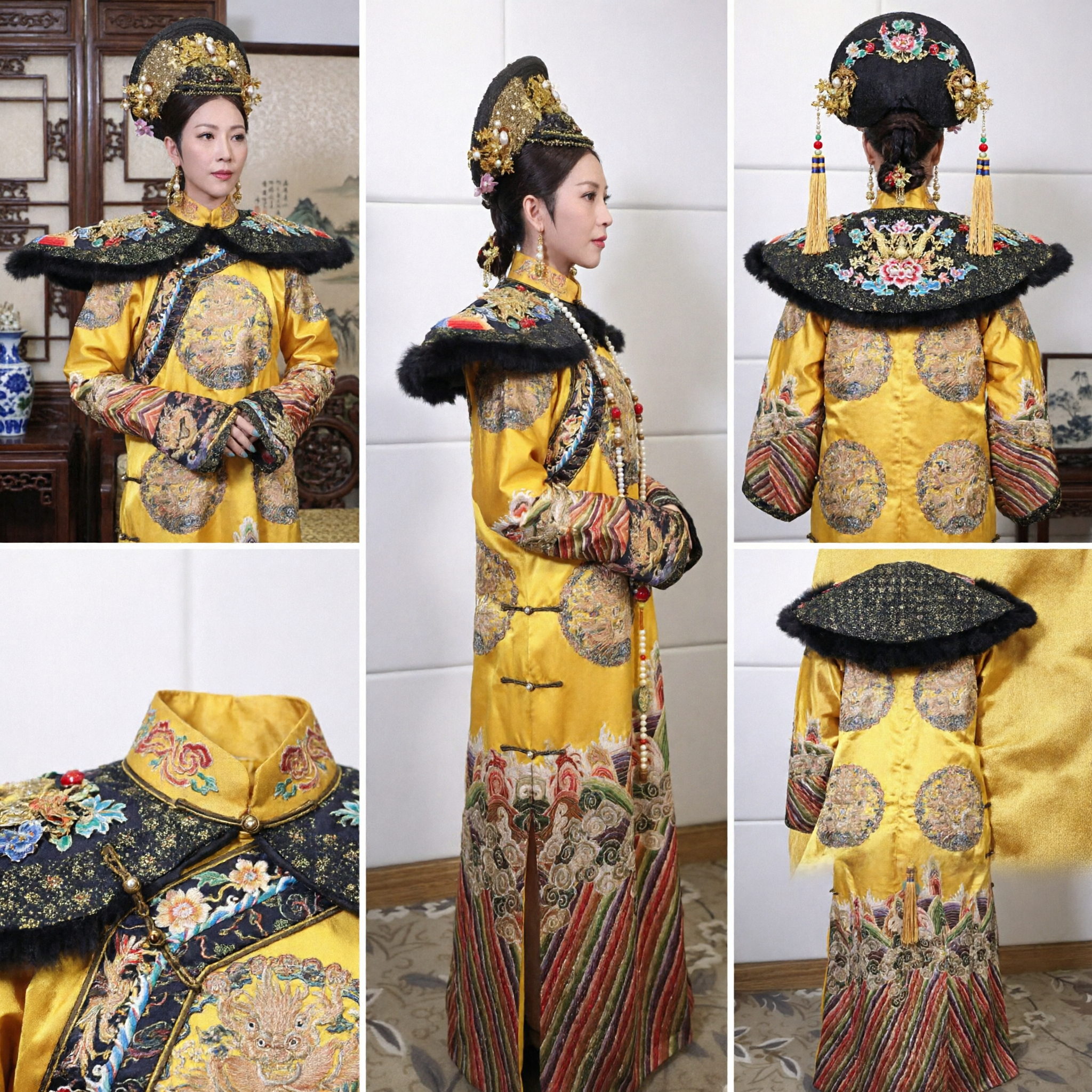 전통 중국 청나라 황후 옐로우 드래곤 로브 헤드드레스 포함 완전 세트 여성용 - Asian Costume