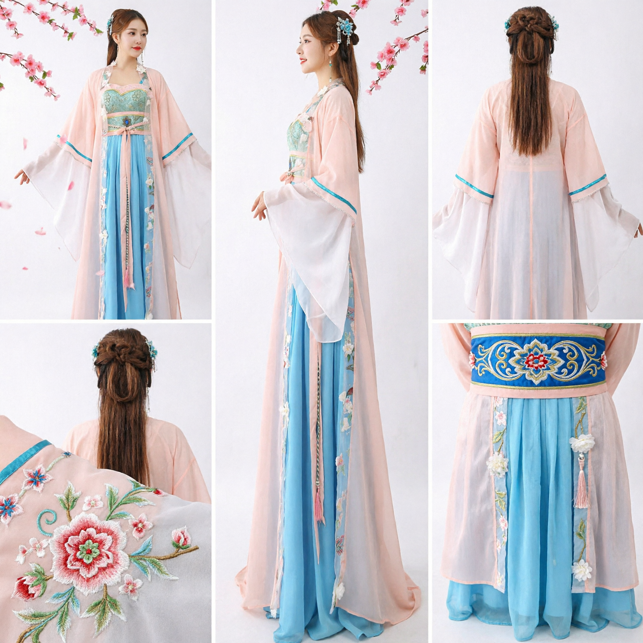 고대 중국 당나라 한푸 전통 의상 여성 핑크 블루 자수 선녀 드레스 공연용 - Asian Costume