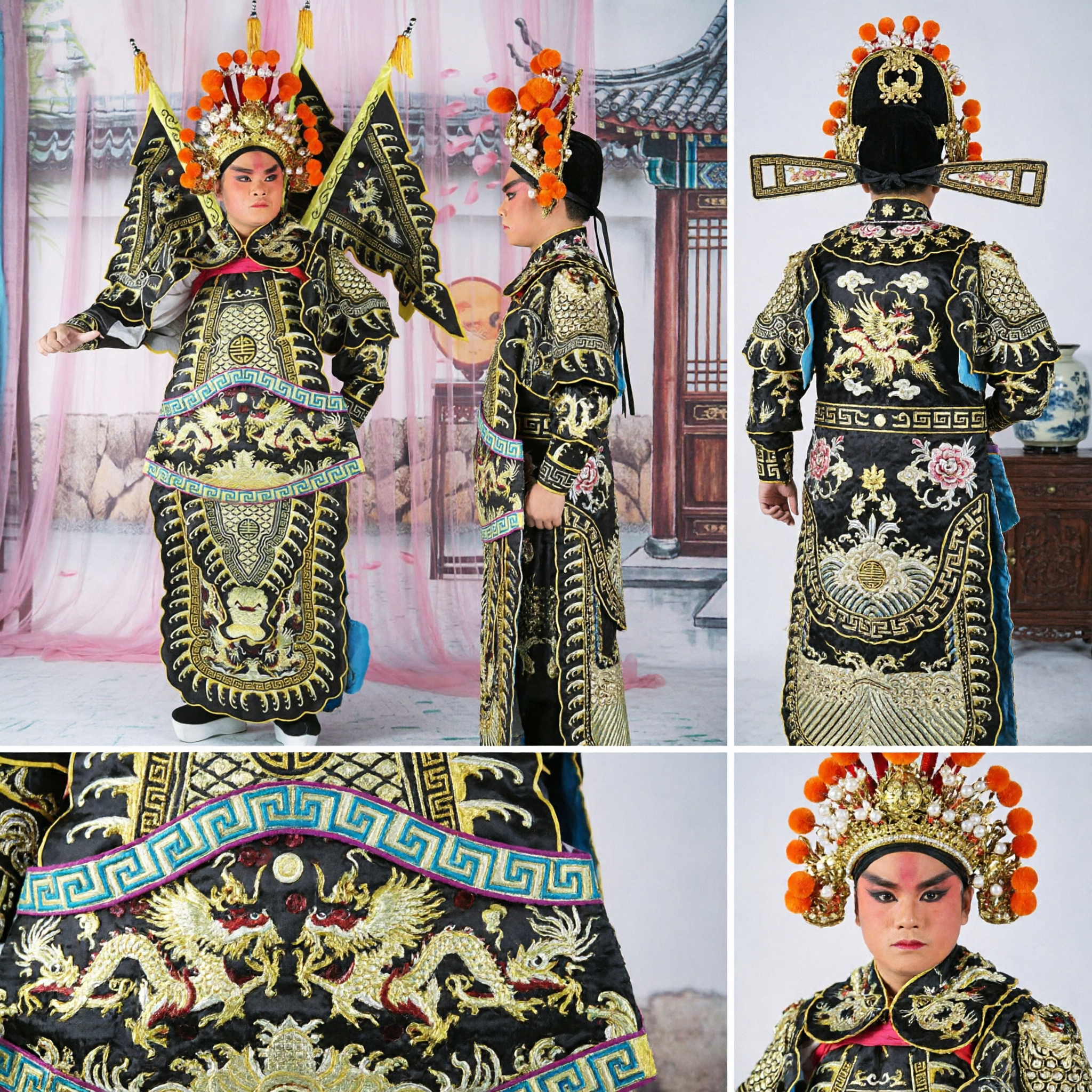 Conjunto de Traje de Armadura de General de Ópera de Pequim Chinês Tradicional Bordado de Dragão Negro para Wusheng Performance de Palco - Asian Costume