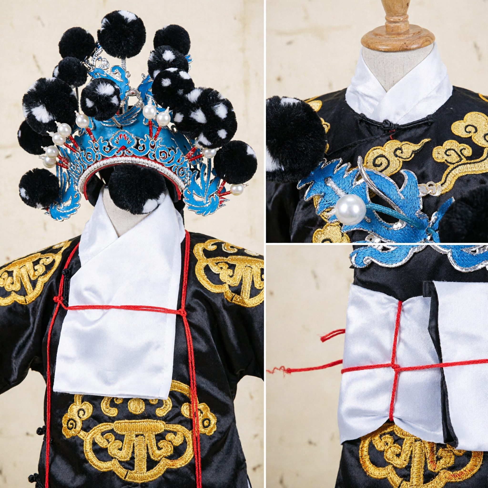 伝統中国京劇ヘッドドレス 青い刺繍黒ポンポンヘッドピース 漢服舞台パフォーマンス用 - Asian Costume