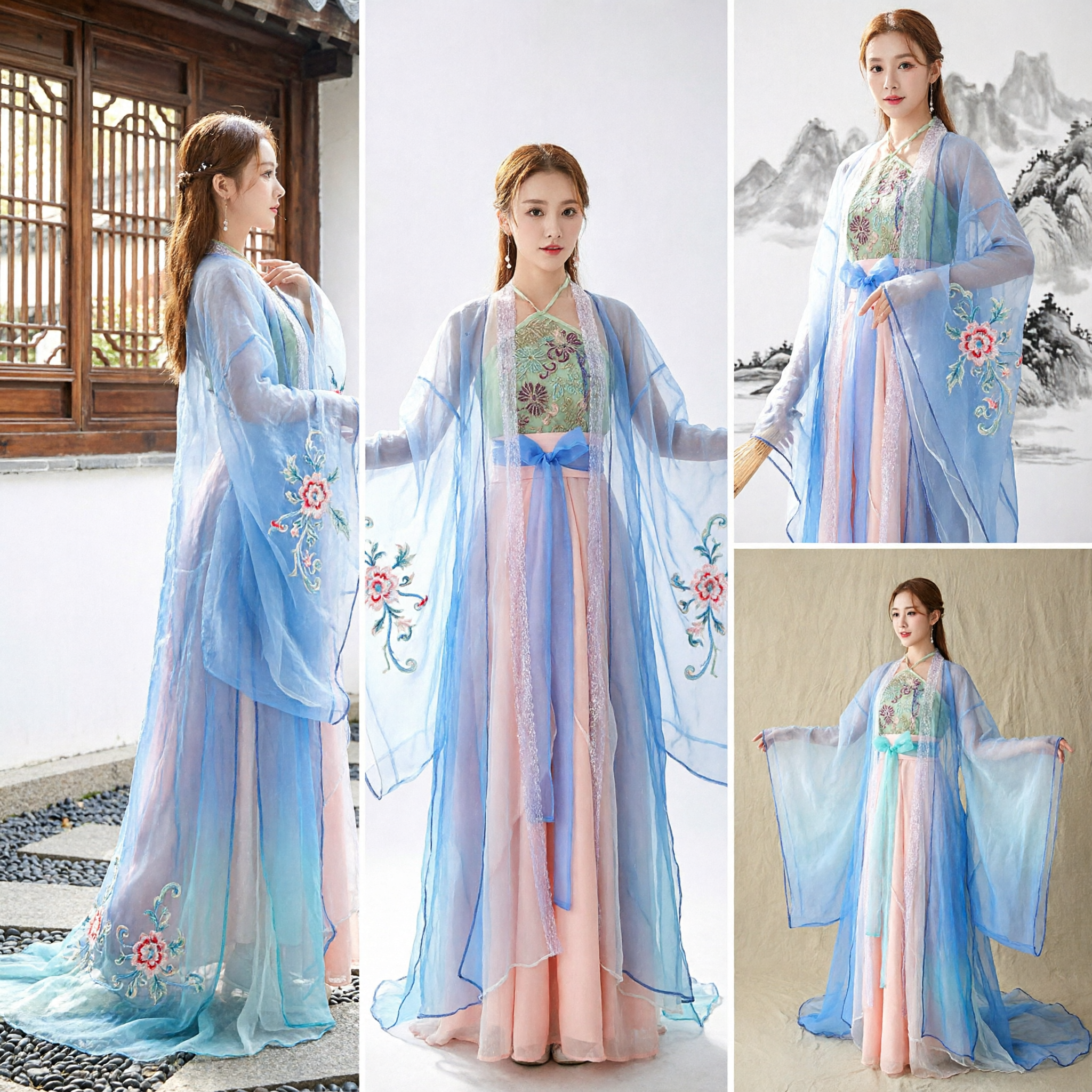 Traje de Fada Antigo Hanfu Chinês Tradicional Robe de Chiffon Azul Saia Rosa para Mulheres Performance Cosplay - Asian Costume