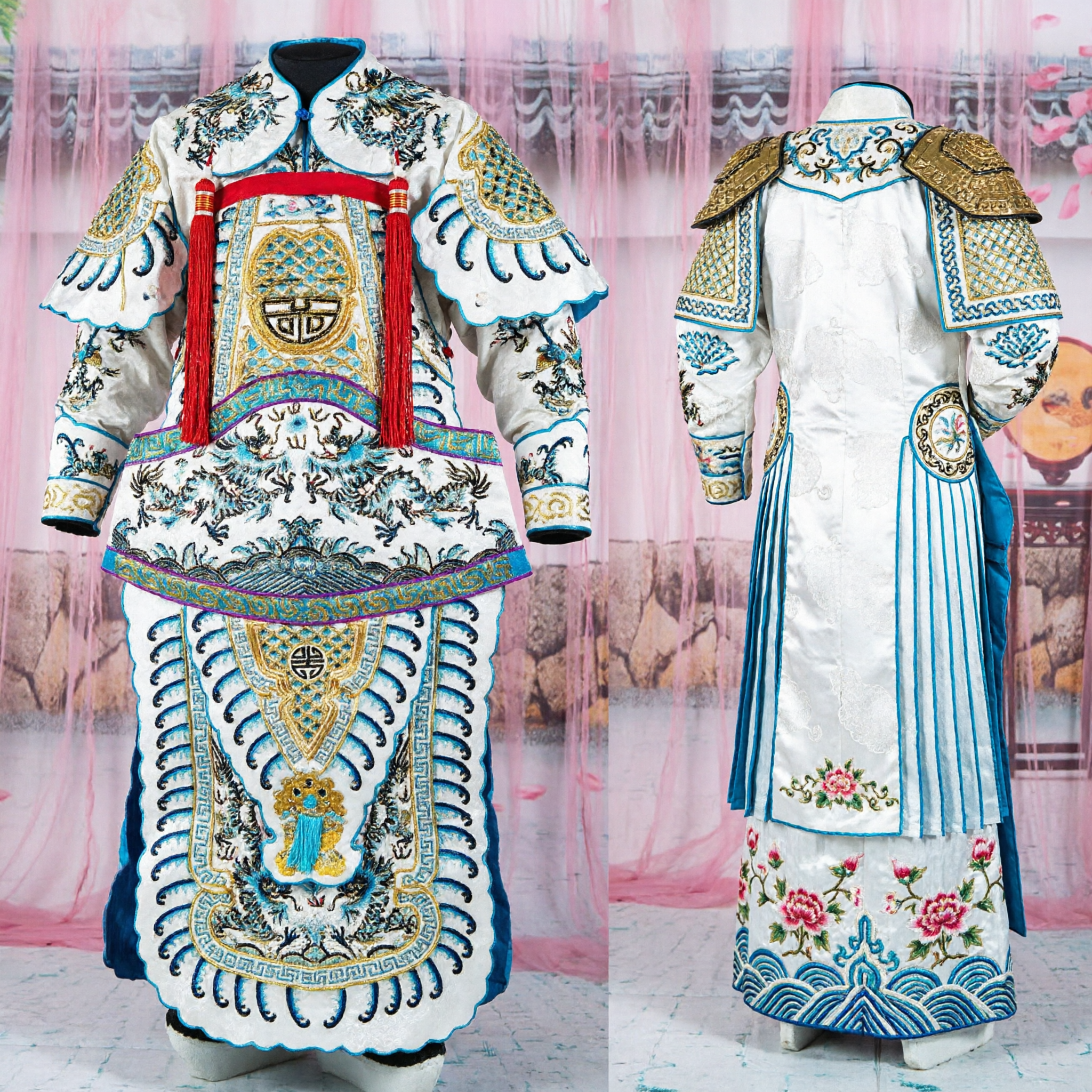 Traditionelles chinesisches Peking-Oper-General-Rüstungskostüm-Weiße Drachenstickerei mit Rückenfahnen für Männer - Asian Costume