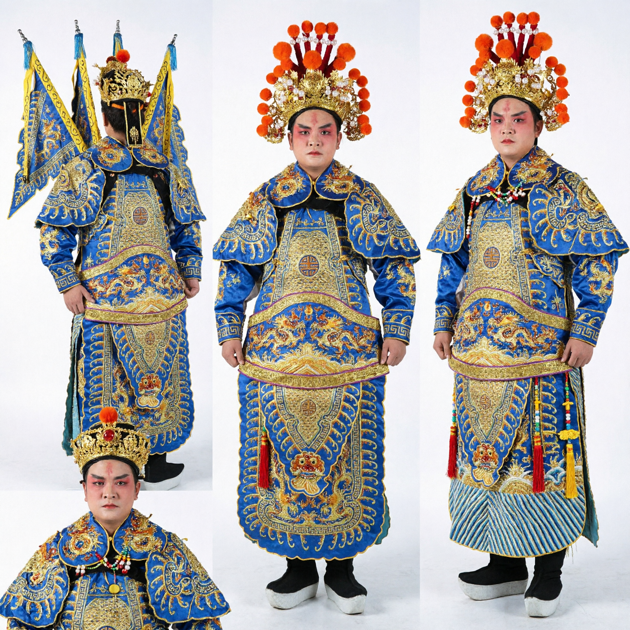 Professionelles chinesisches Peking-Oper-General-Kostüm-Blaue Drachenstickerei-Rüstung mit Fahnen für Bühnenauftritt - Asian Costume