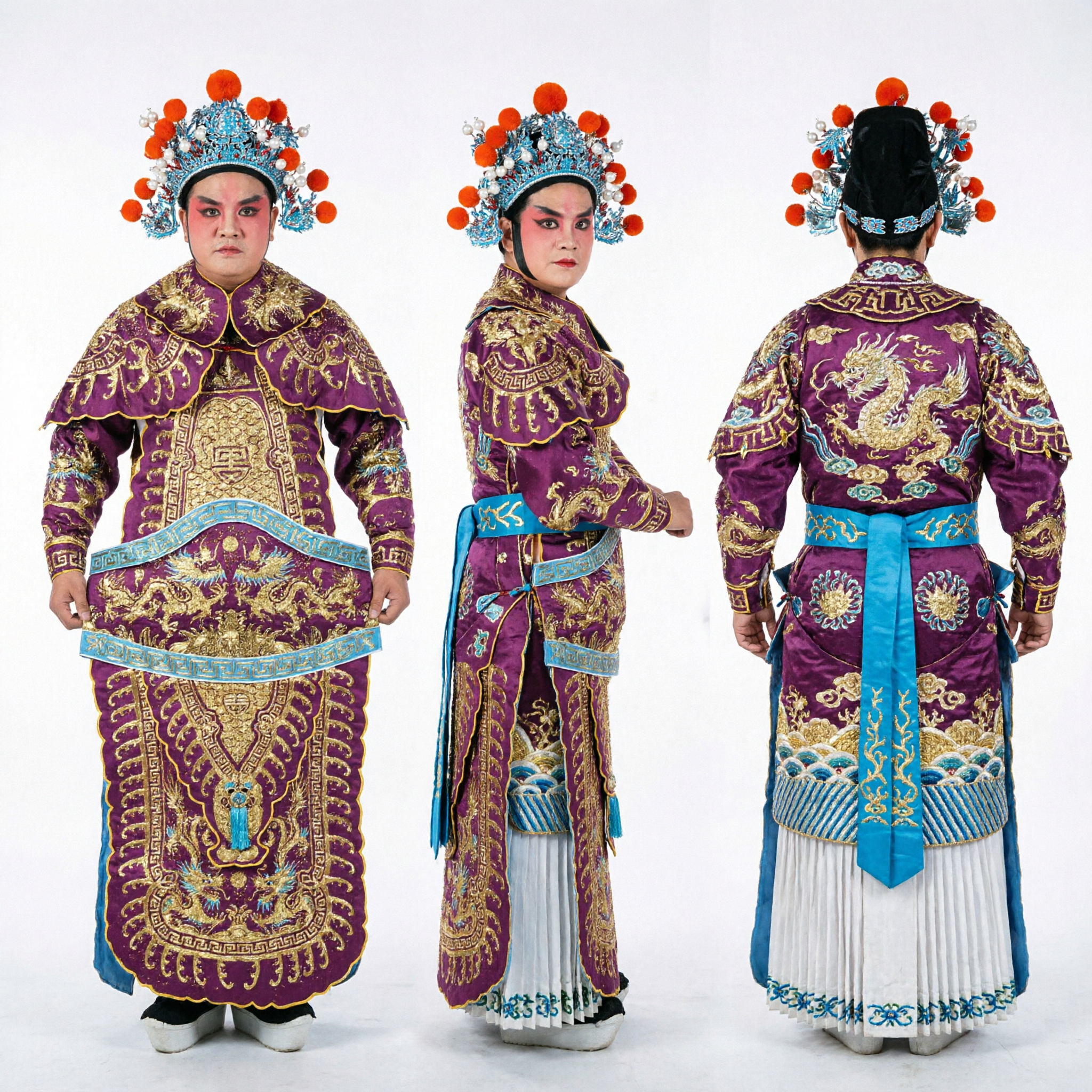 Traditionelles chinesisches Peking-Oper-General-Kao-Kostüm-Violette Drachenstickerei-Rüstung mit Fahnen für Männer - Asian Costume