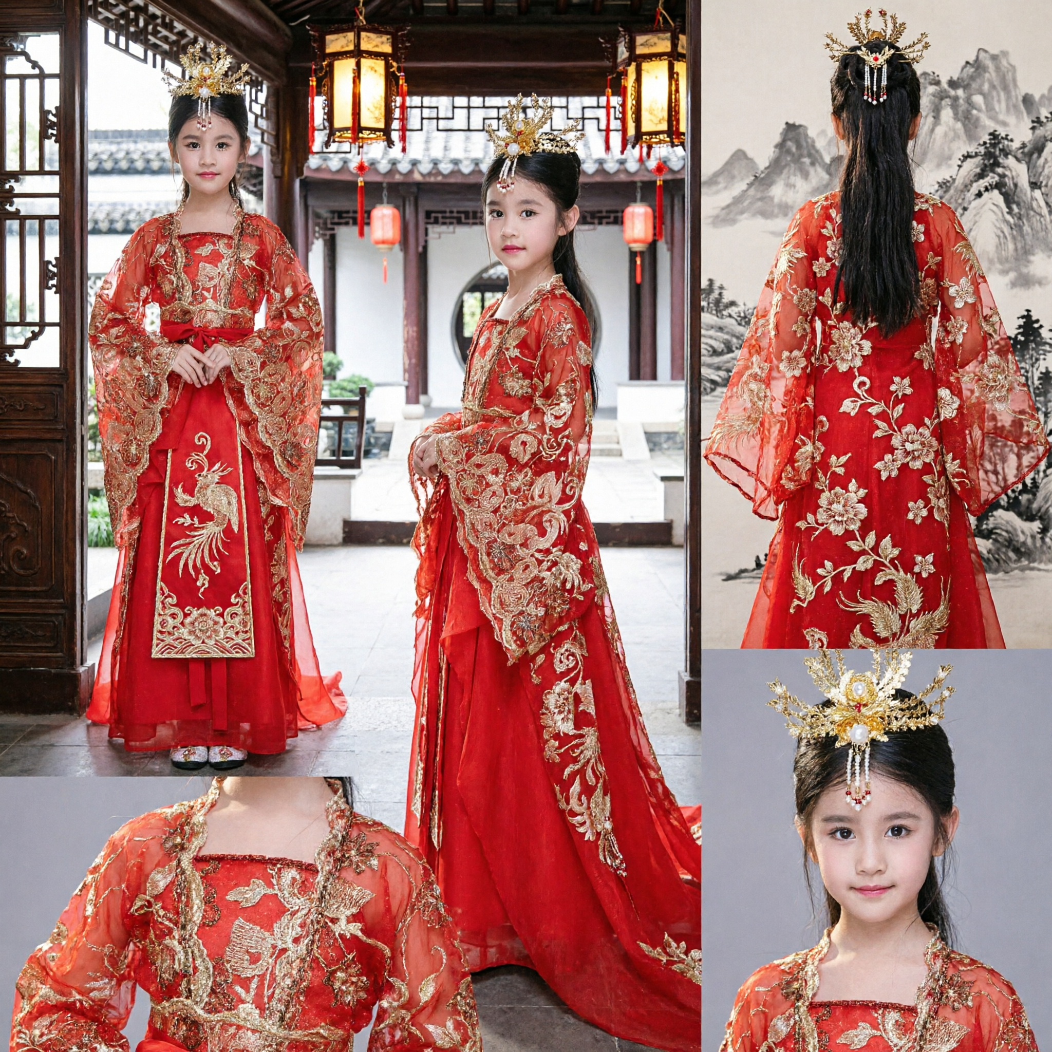 Traditionelles chinesisches Rot Hanfu-Prinzessinnen-Kleid für Mädchen Kinder Antikes Hochzeitsblumenmädchen-Kostüm mit Goldstickerei - Asian Costume