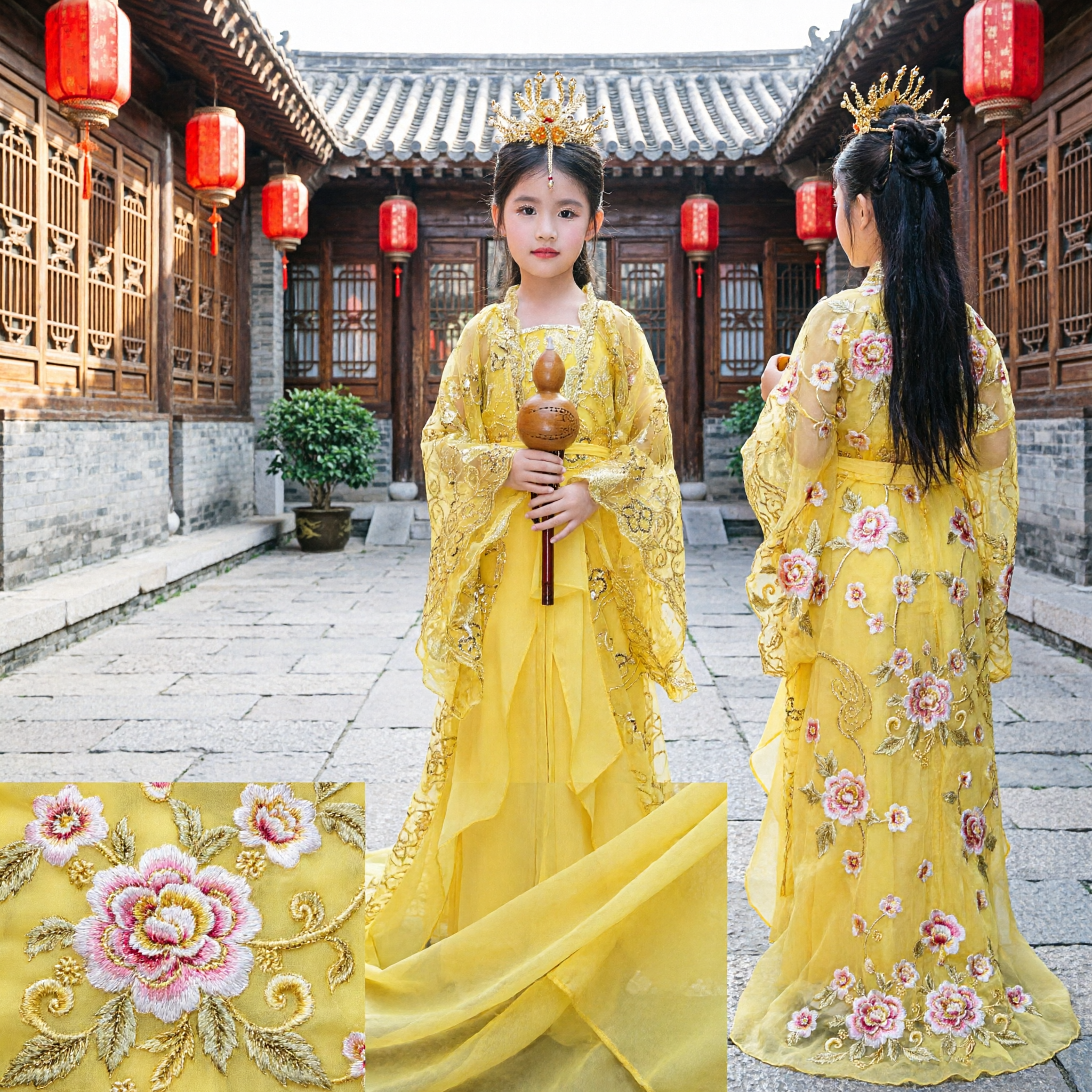 Mädchen Traditionelles chinesisches Gelb Fee-Hanfu-Kostüm Antikes Prinzessinnen-Kleid für Kinder Bühnenauftritte - Asian Costume