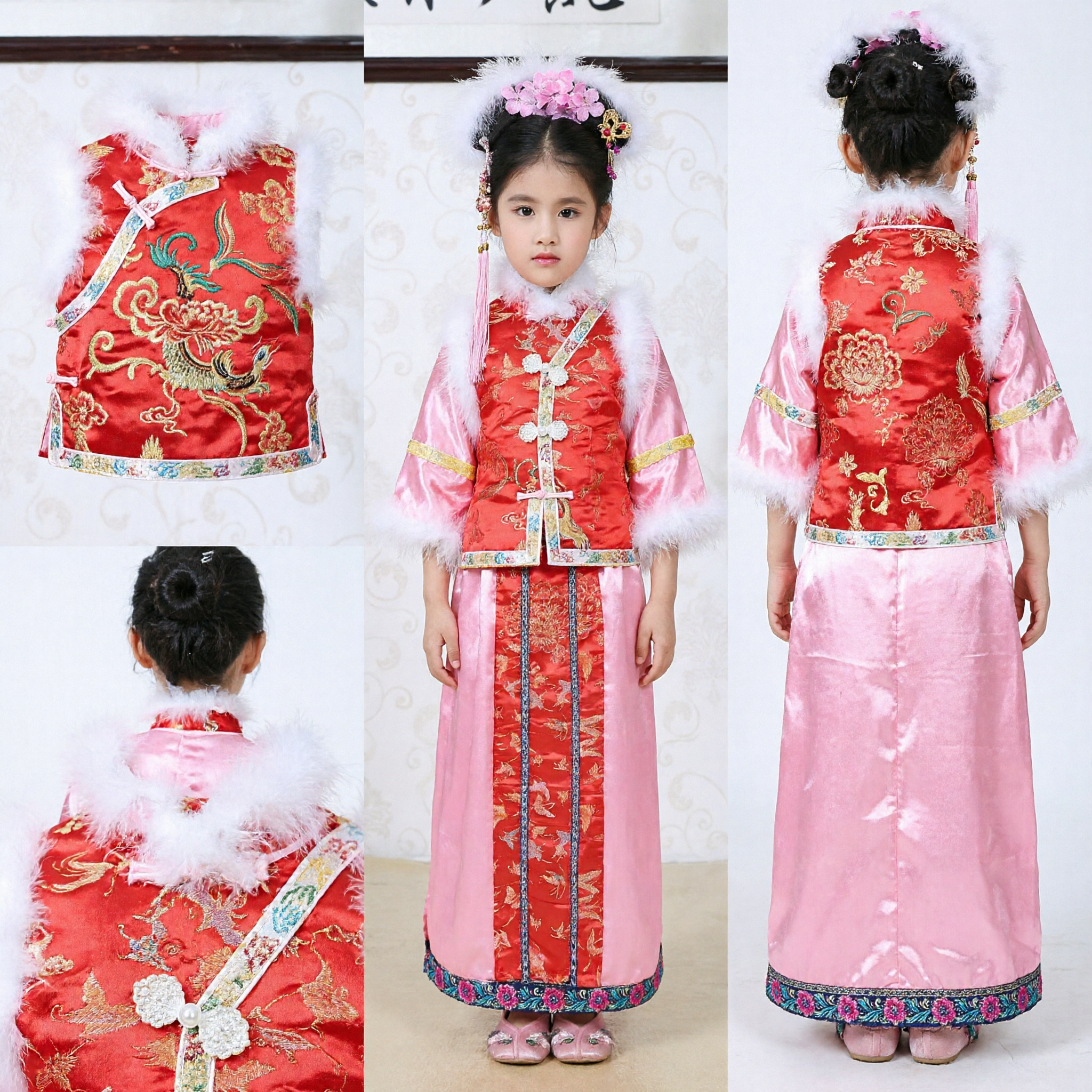 Traje Tradicional Chinês da Dinastia Qing para Meninas Vestido de Princesa Antiga Traje de Performance para o Festival da Primavera Infantil - Asian Costume