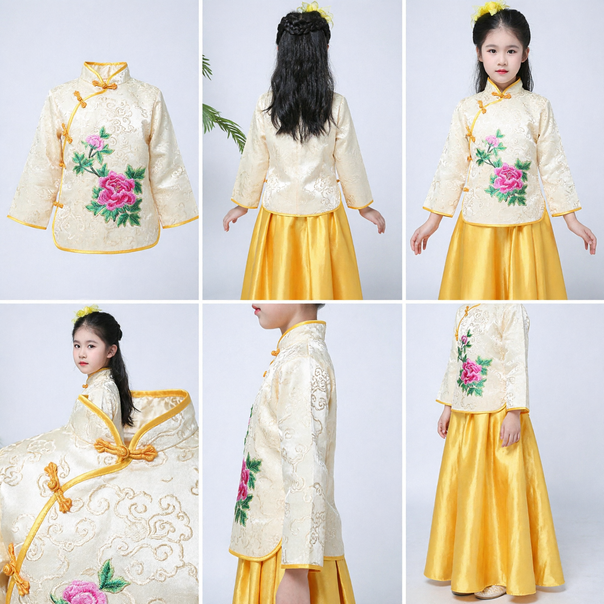 Conjunto Tradicional Chinês Tang para Meninas Casaco Bordado e Saia Amarela Traje Hanfu Infantil para o Ano Novo Lunar - Asian Costume