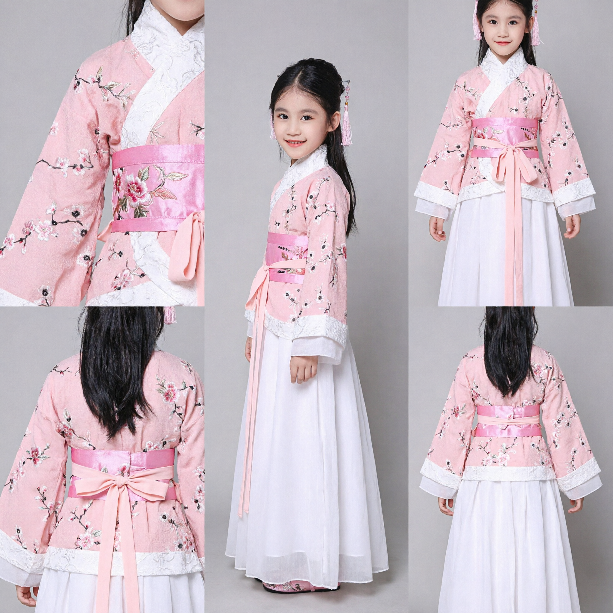 Traje Tradicional Chinês Hanfu para Meninas Vestido de Princesa Antigo Rosa com Bordado Floral para Crianças - Asian Costume