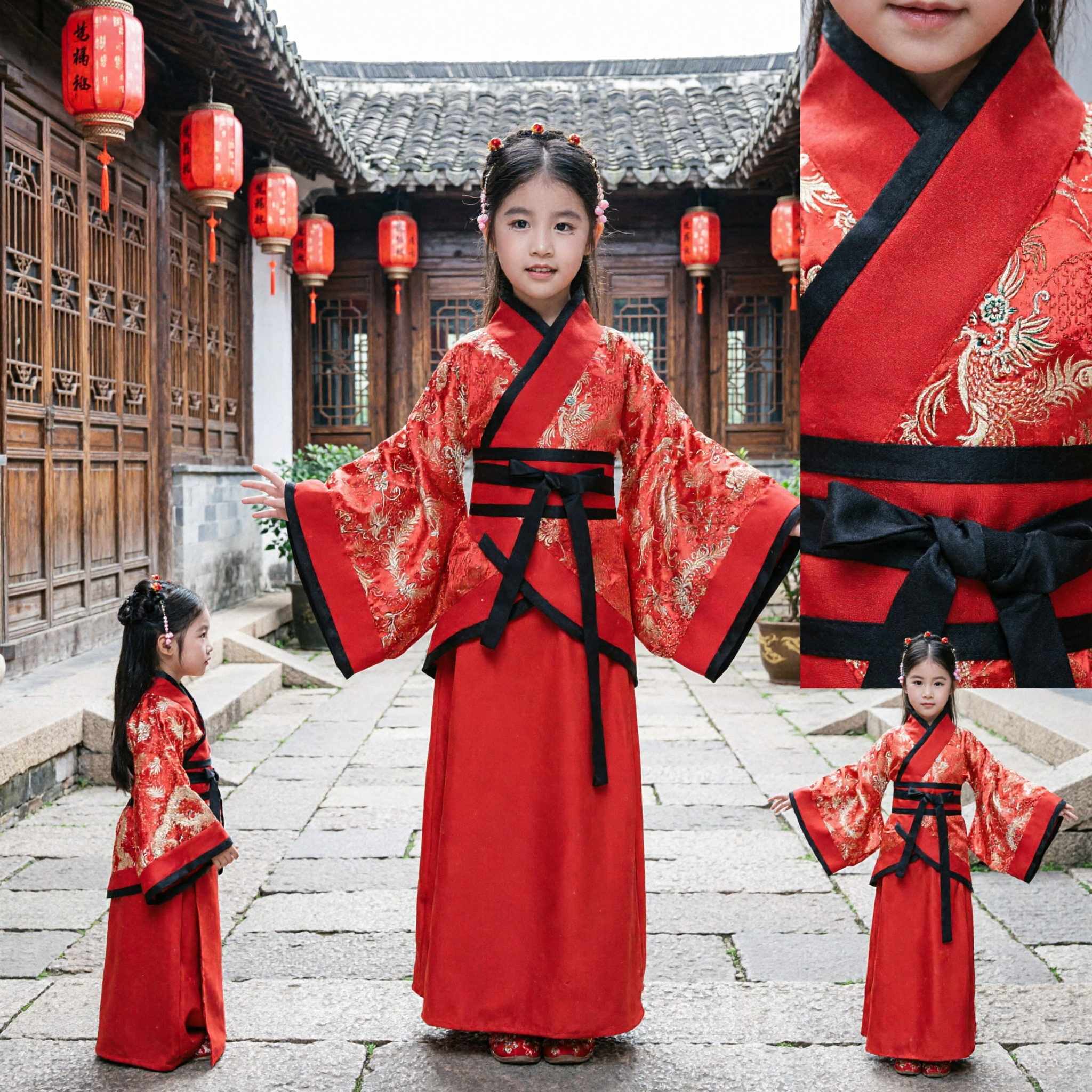 Traje Tradicional Chinês Hanfu Infantil Manto Vermelho Bordado para Meninas Roupa Antiga para o Ano Novo Lunar - Asian Costume