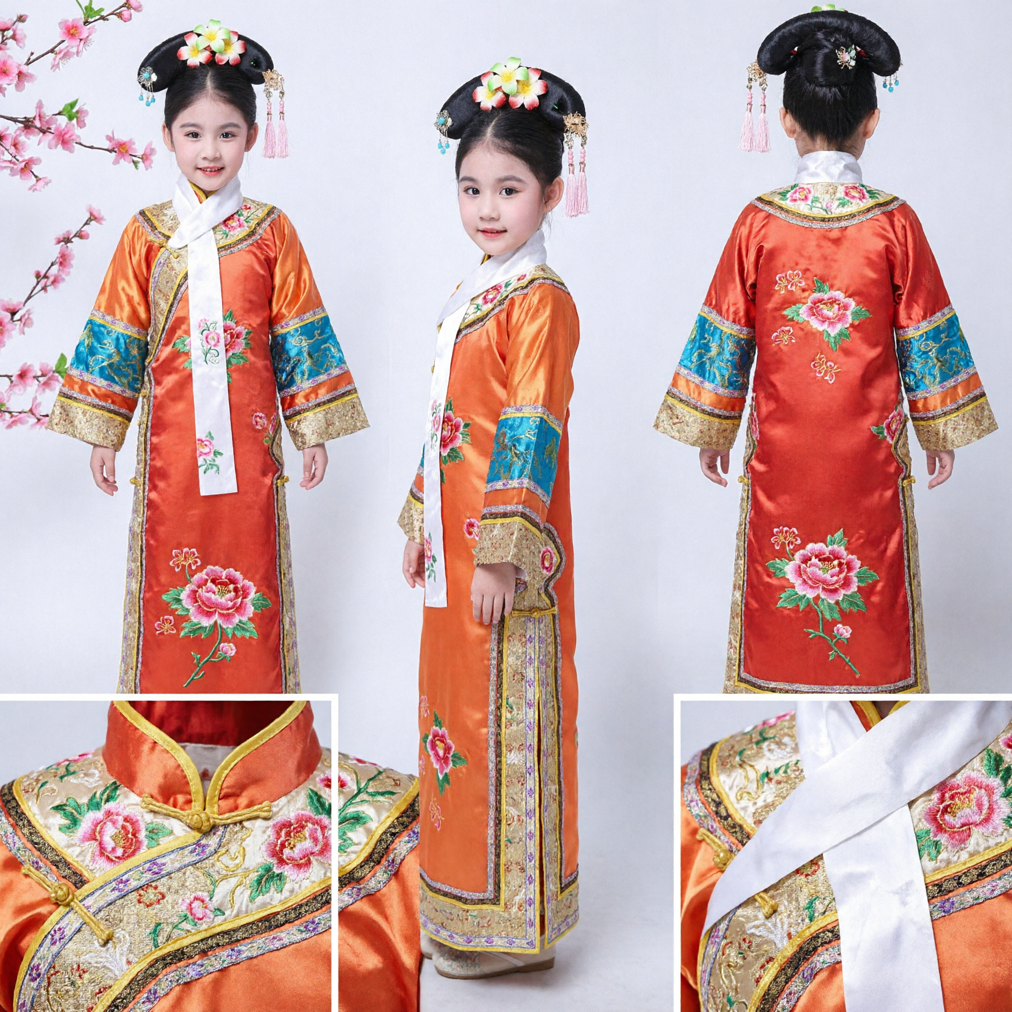 Costume da Principessa della Dinastia Qing Cinese Tradizionale per Bambine, Veste Ricamata Manciù Arancione per Cosplay di Halloween - Asian Costume