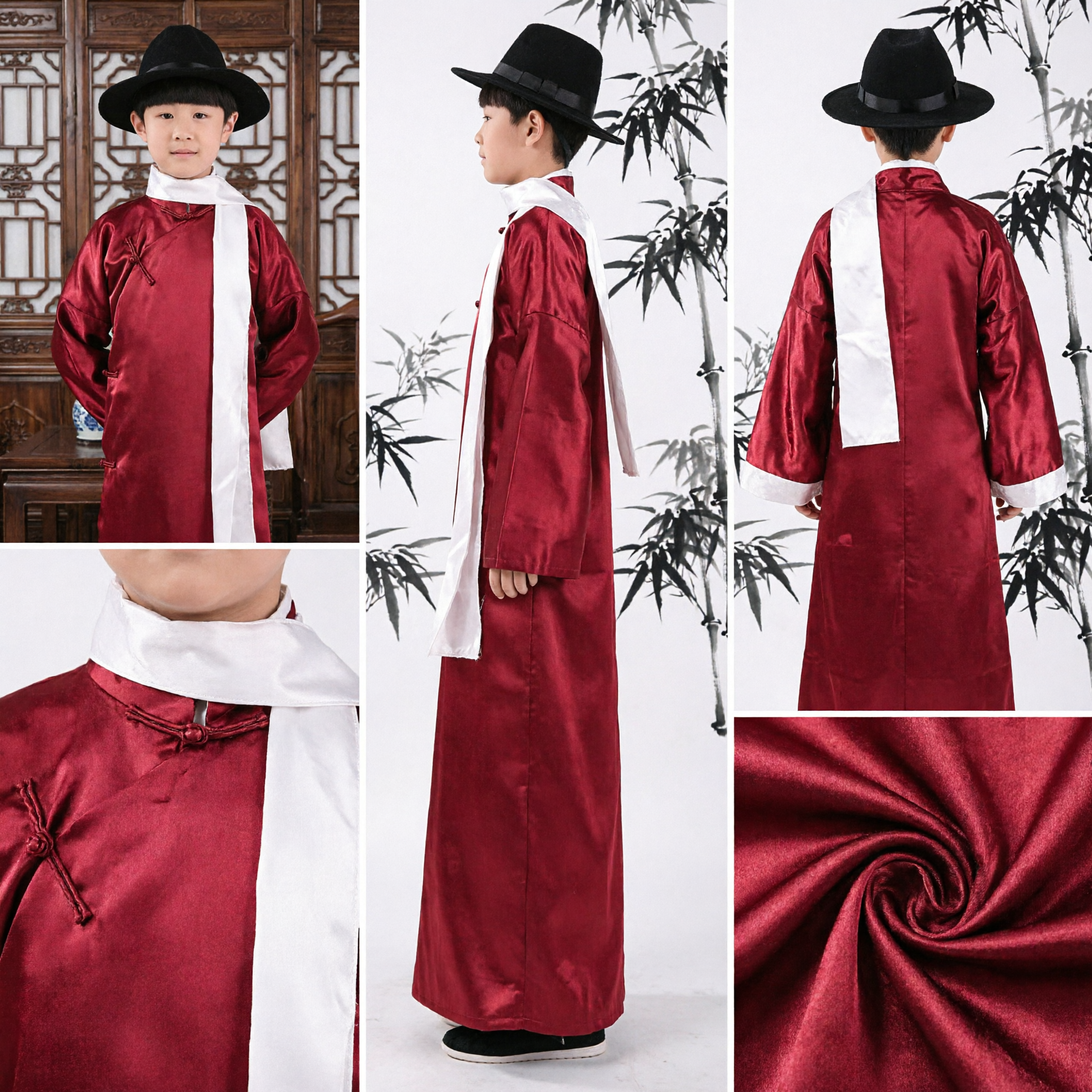 Robe Changshan traditionnelle chinoise en soie rouge pour garçons enfants - Costume de performance du jeune maître de l'ère Minguo - Asian Costume