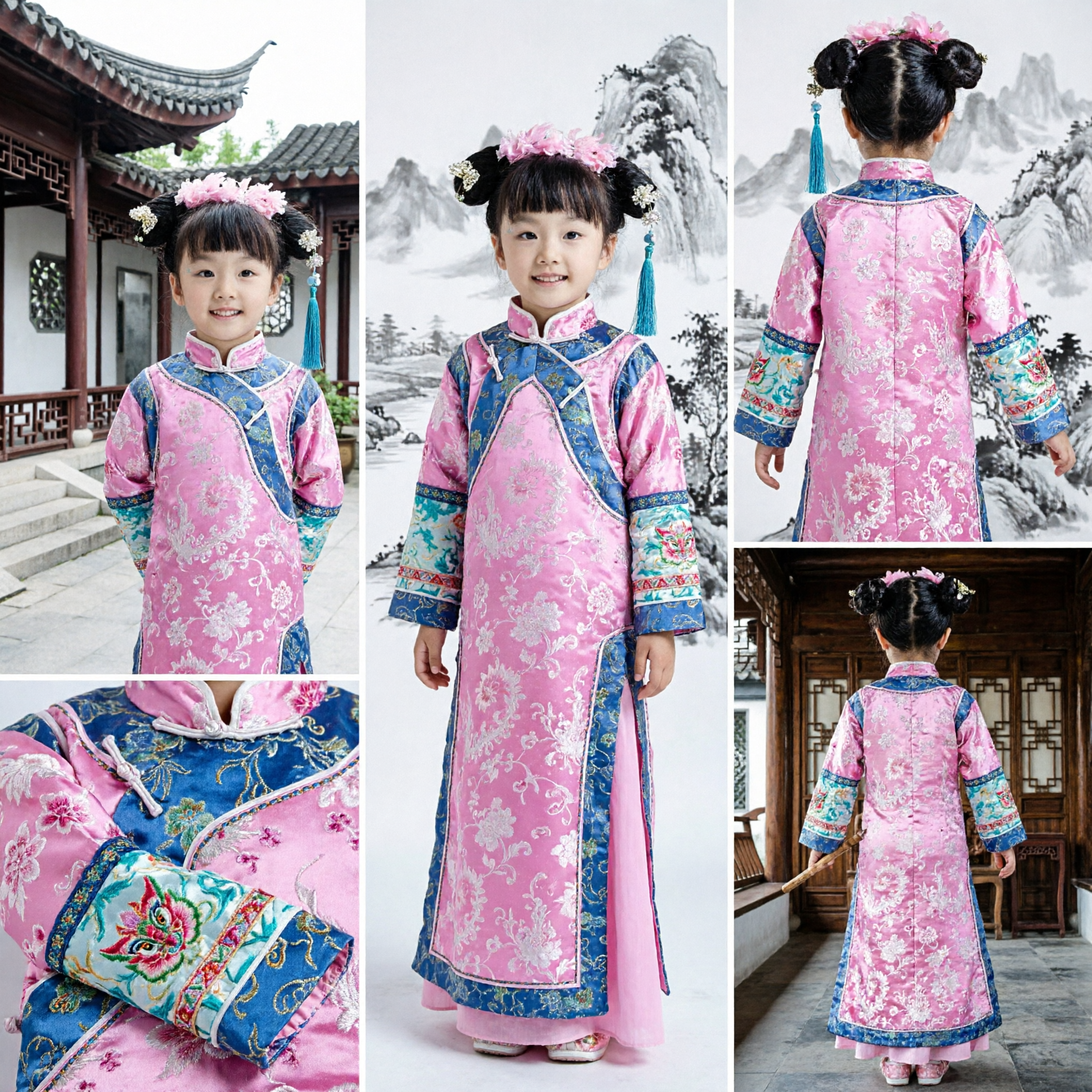 Traje Tradicional Chinês de Princesa do Palácio da Dinastia Qing Rosa Floral para Meninas Performance de Dança - Asian Costume