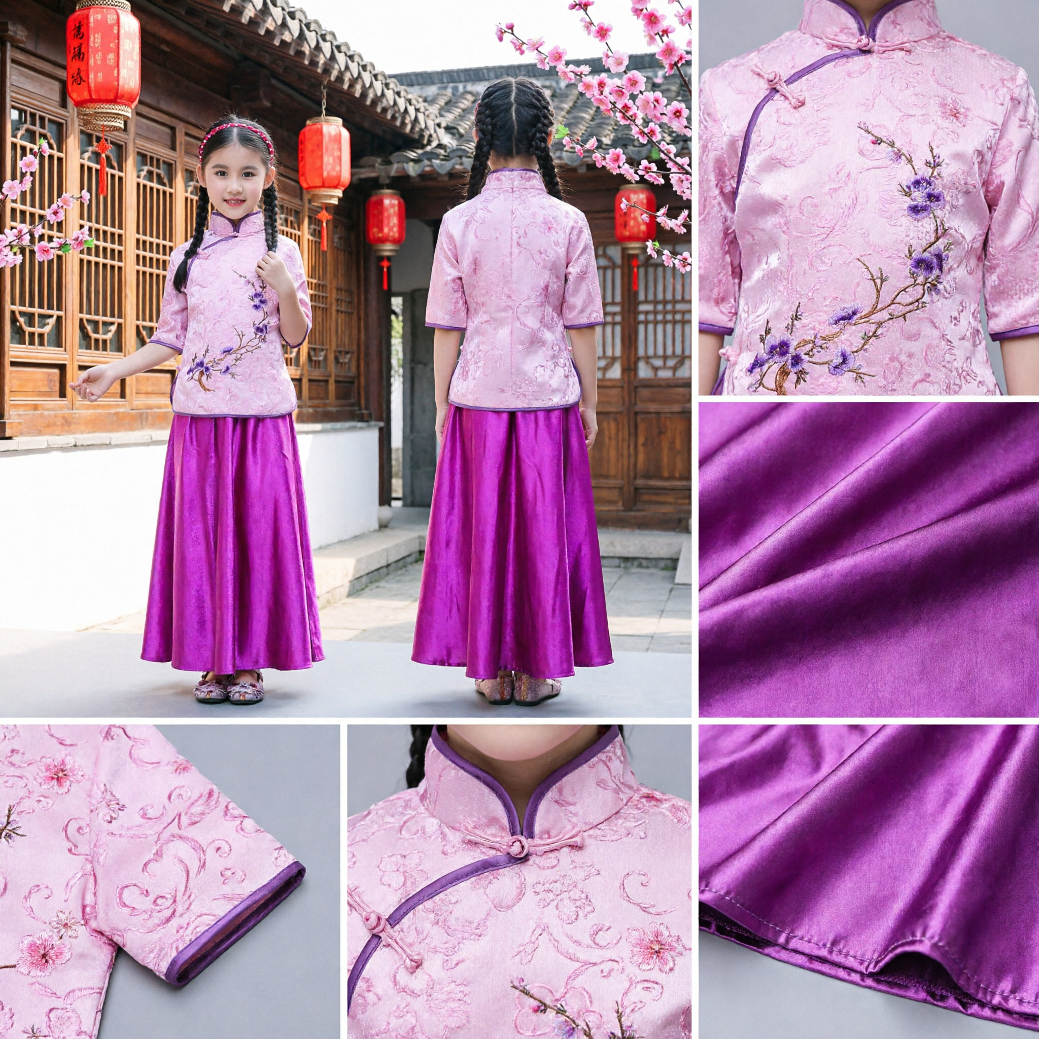 Costume traditionnel chinois pour enfants - Ensemble haut Tang brodé rose et jupe en satin violet pour performance de filles - Asian Costume