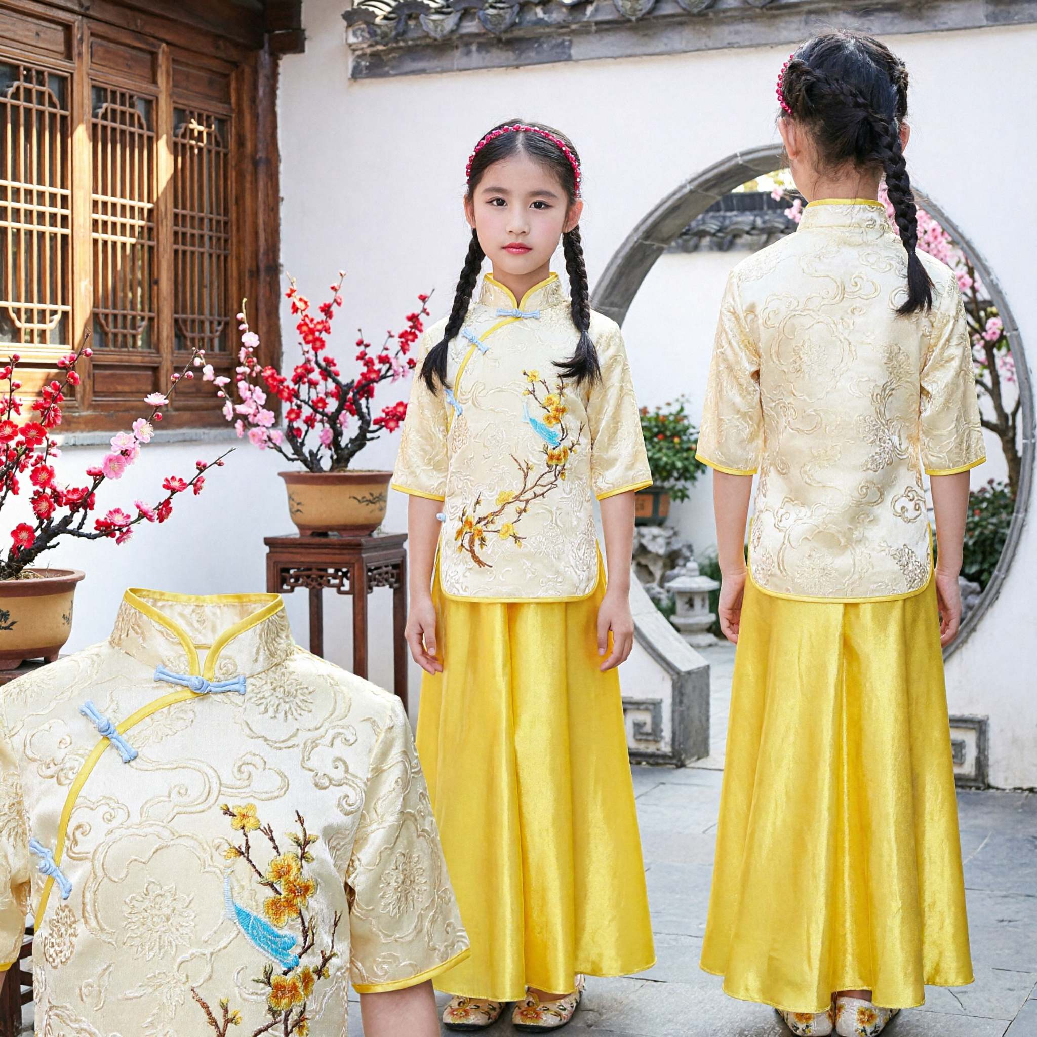 Costume traditionnel chinois pour filles - Ensemble haut à broderie florale jaune et jupe longue - Pour performance scénique - Asian Costume