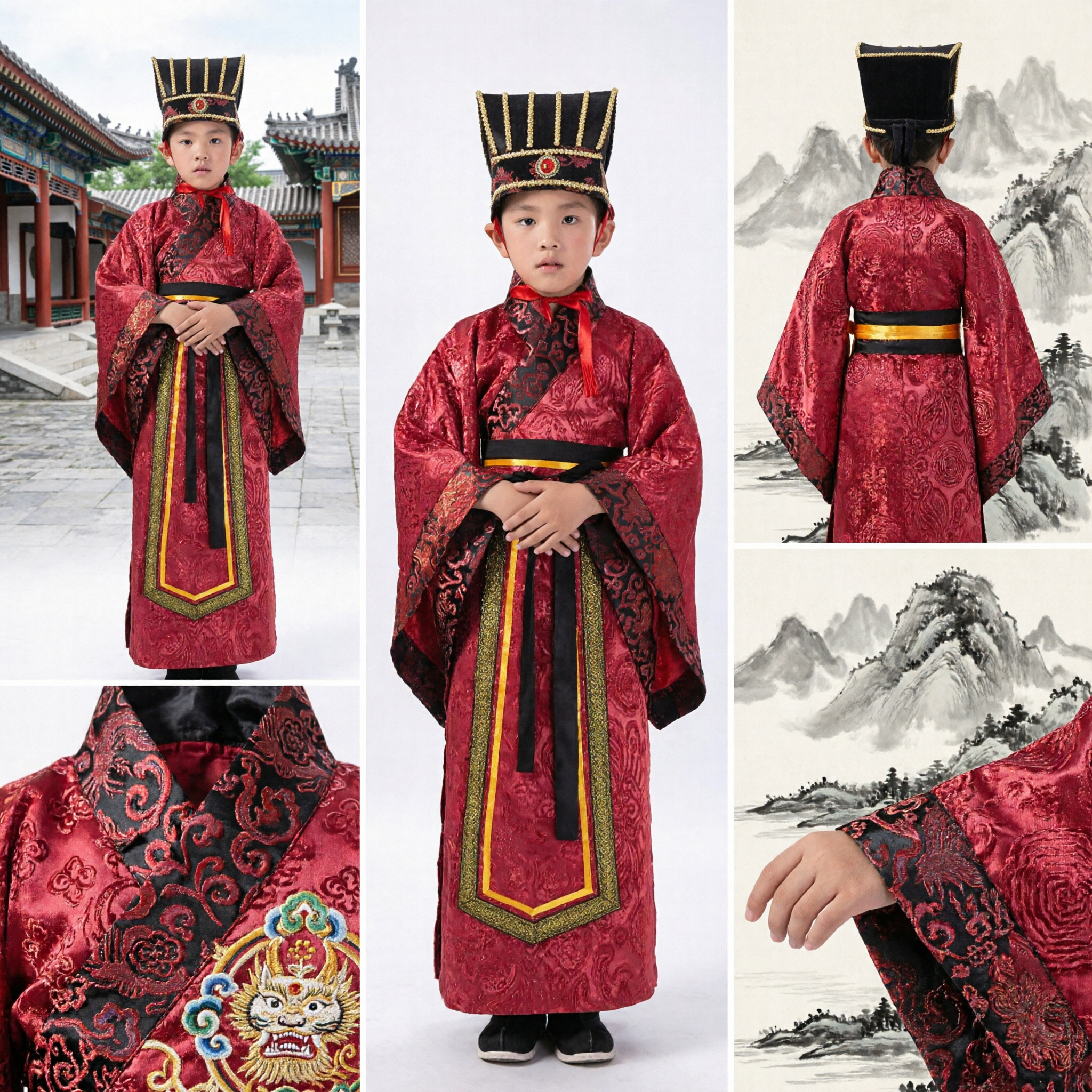 Traje Tradicional Chinês Hanfu para Meninos Manto Vermelho de Estudioso Antigo Vestuário para Performance Cultural Infantil - Asian Costume