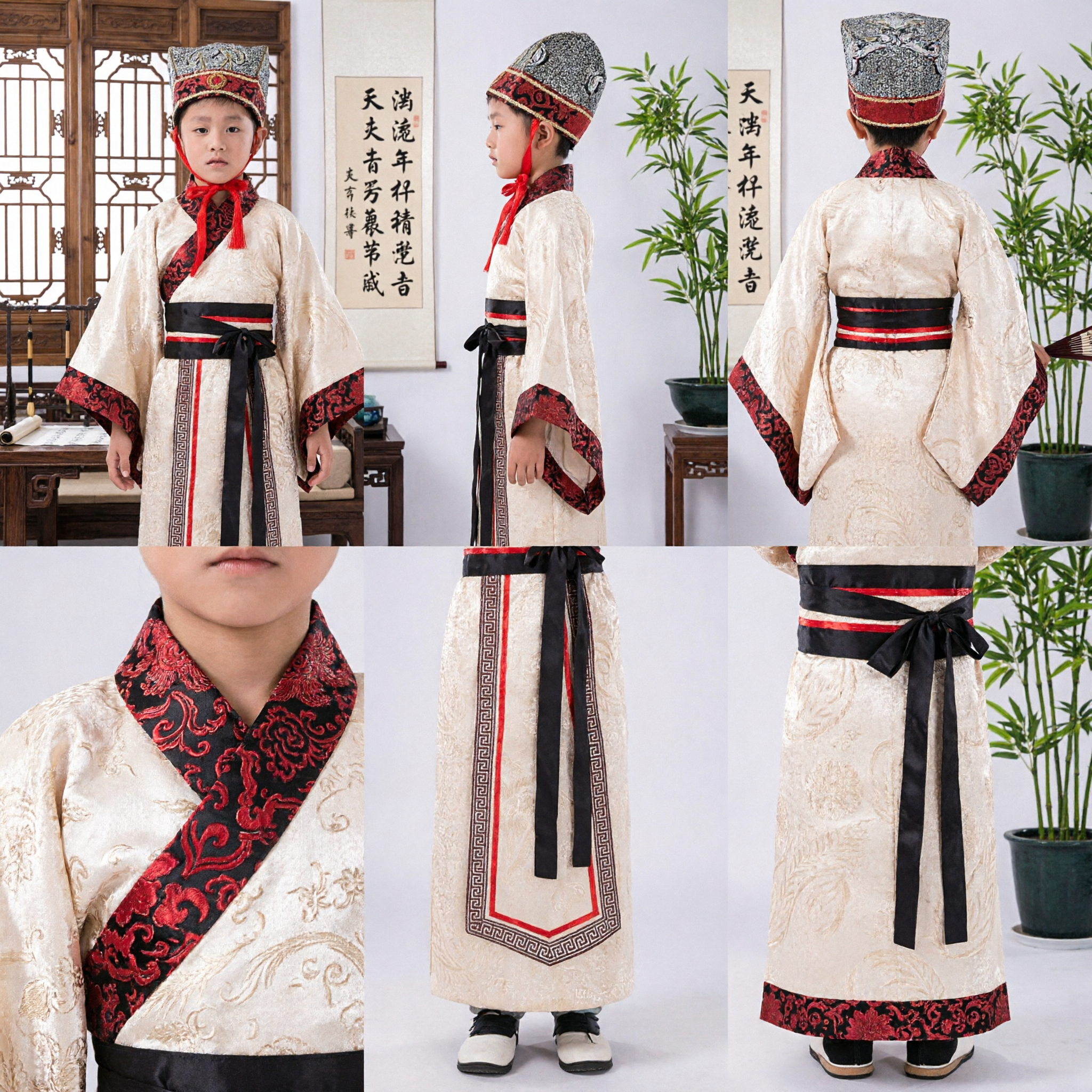 Costume d'ancien lettré traditionnel chinois pour garçons enfants - Ensemble robe Hanfu avec chapeau - Pour performance scénique - Asian Costume