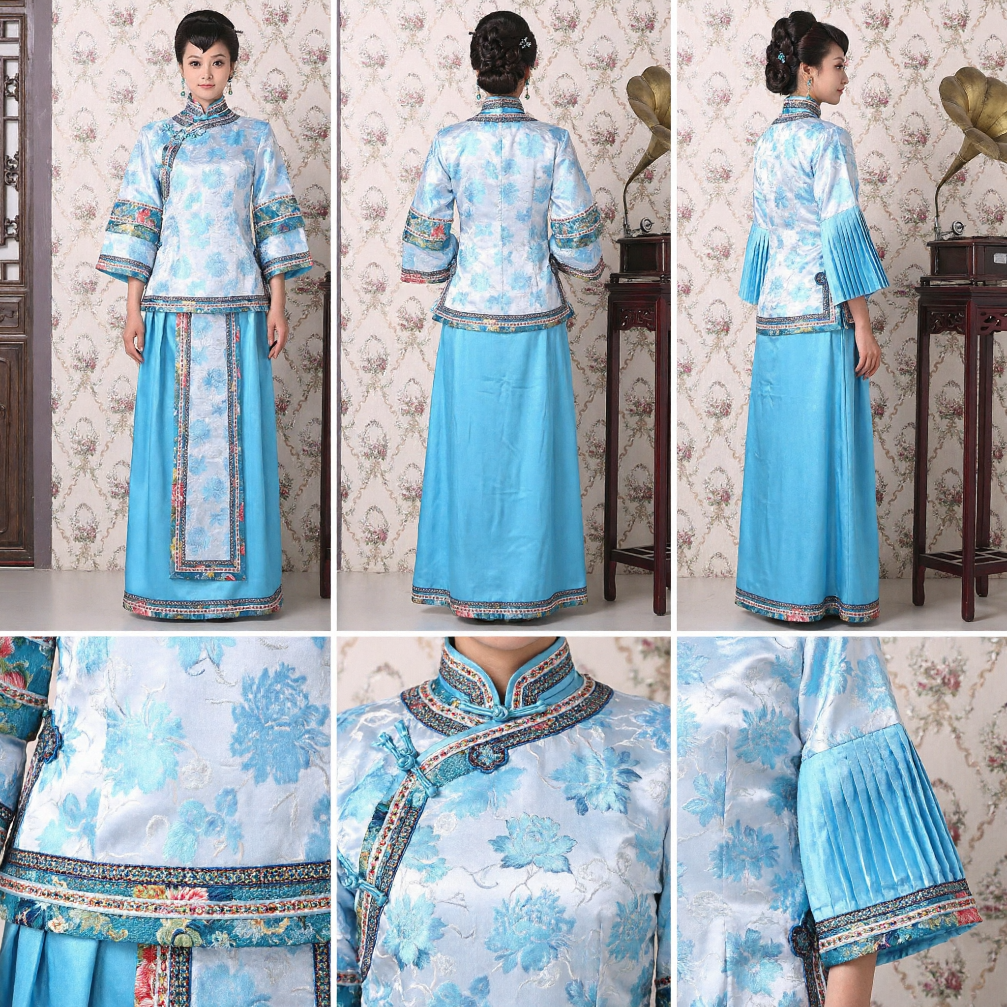 Costume traditionnel de princesse mandchoue bleue chinoise - Ensemble deux pièces brodé de la dynastie Qing - Pour performance scénique - Asian Costume