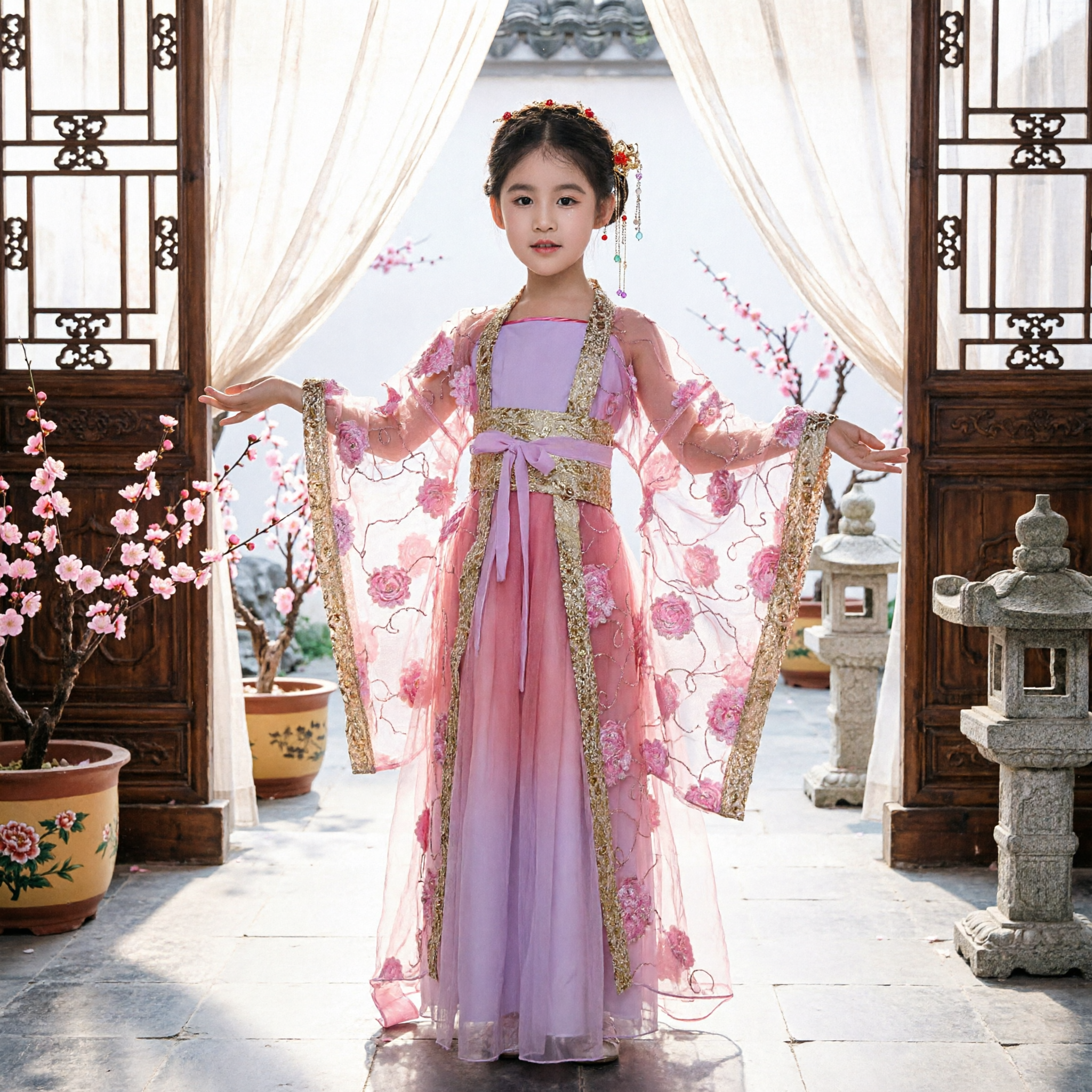 Vestido Hanfu de Princesa China Antigua para Niñas con Bordado Floral Rosa Traje Tradicional de Hada para Presentaciones de Danza - Asian Costume