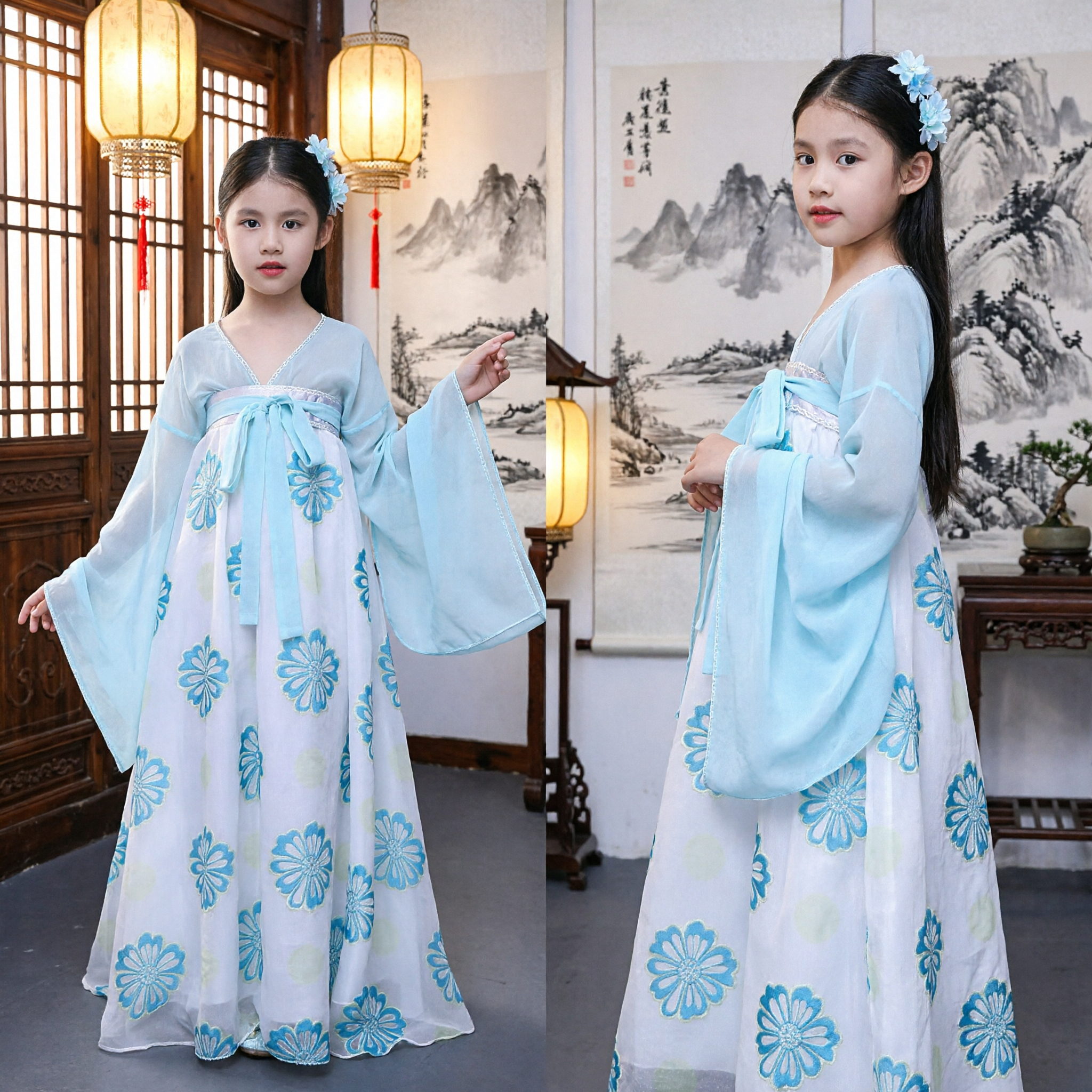 Traditional Chinese Hanfu Dress for Kids Girls Blue Floral Ancient Fairy Performance Costume - Asian Costume