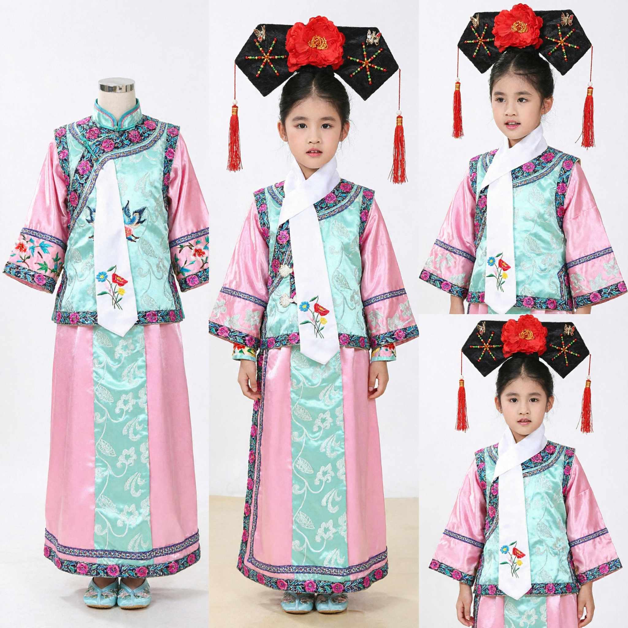 Traje de Princesa Manchu da Dinastia Qing Chinesa Tradicional para Meninas Crianças, Conjunto de Vestido Antigo Bordado com Acessório de Cabeça - Asian Costume