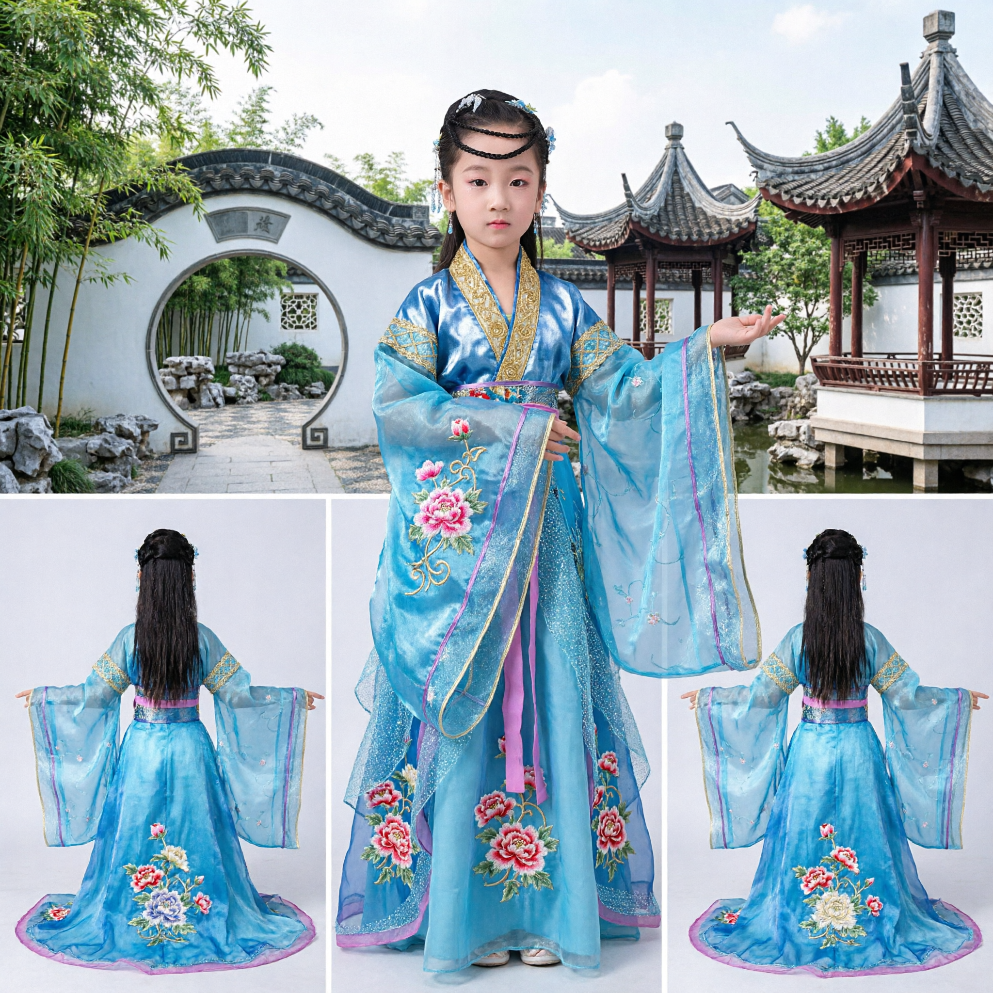 Kinder-Mädchen blaues chinesisches Hanfu, traditionelles Kostüm, antikes Feenprinzessinnenkleid für Bühnenauftritt und Tanz - Asian Costume